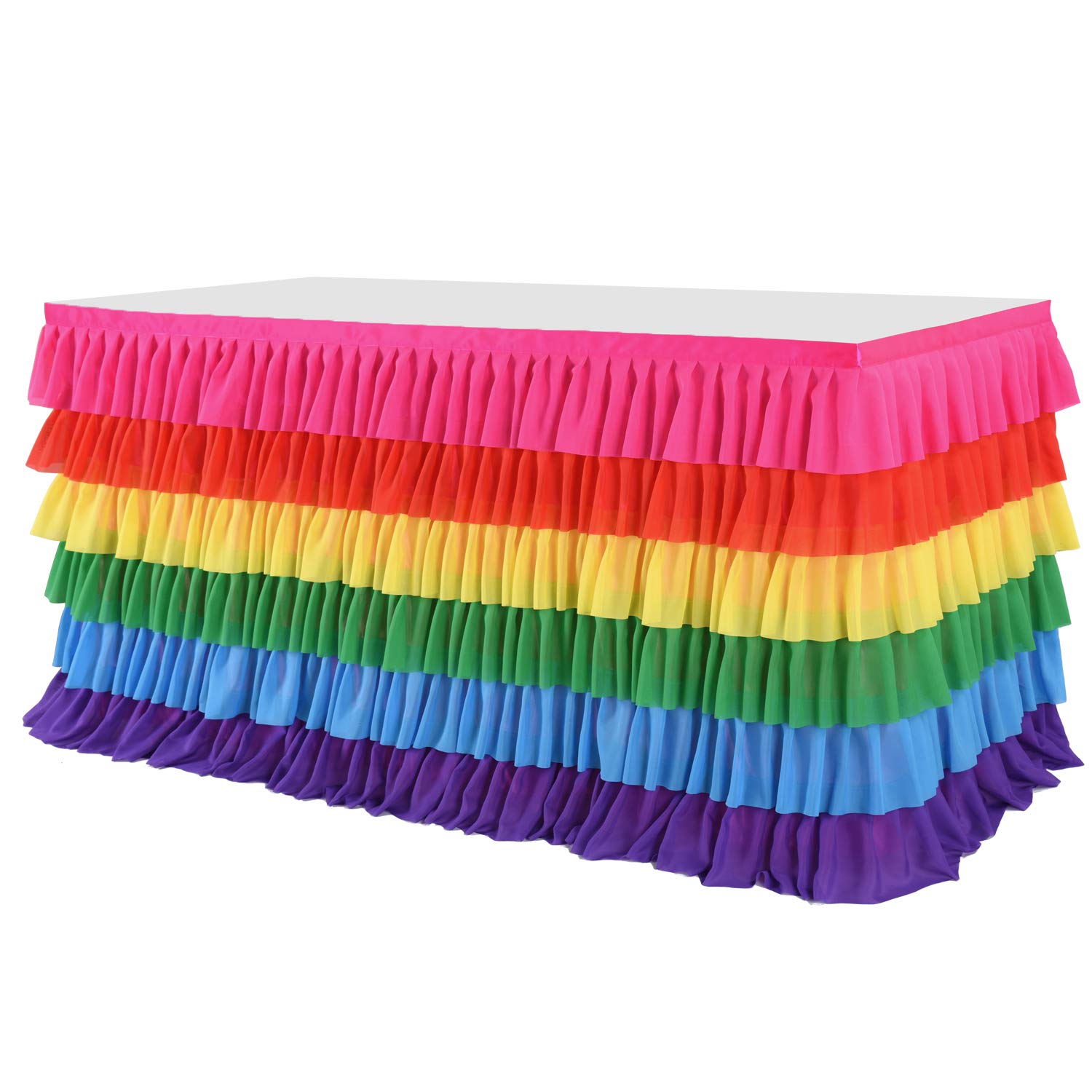 Besutolife Rainbow Tablecloth Ruffle Tutu Table Skirt For Rectangle Table 6Ft Birthday Uincorn Rainbow Party Decoration