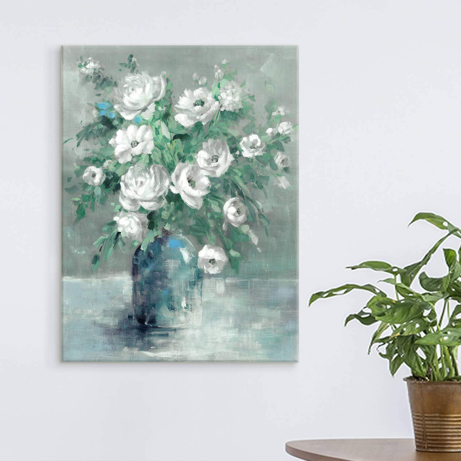 Utop-Art Floral Canvas Wall Art Painting White Rose Flower Green Leaves Hand Painted Texture Picture Artwork For Bedroom Plant W