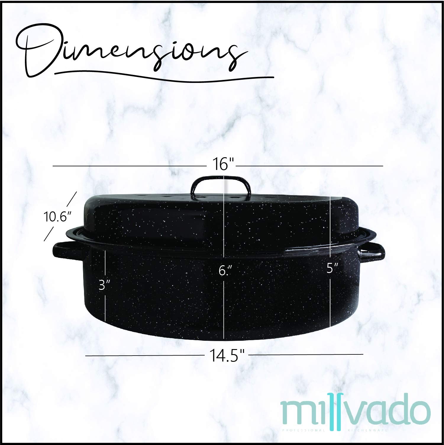 Millvado Granite Roasting Pan, 12 Lb Capacity Turkey Roasting Pan With Lid, 16'' Granite Oven Roaster Oval Shaped Speckled Ename