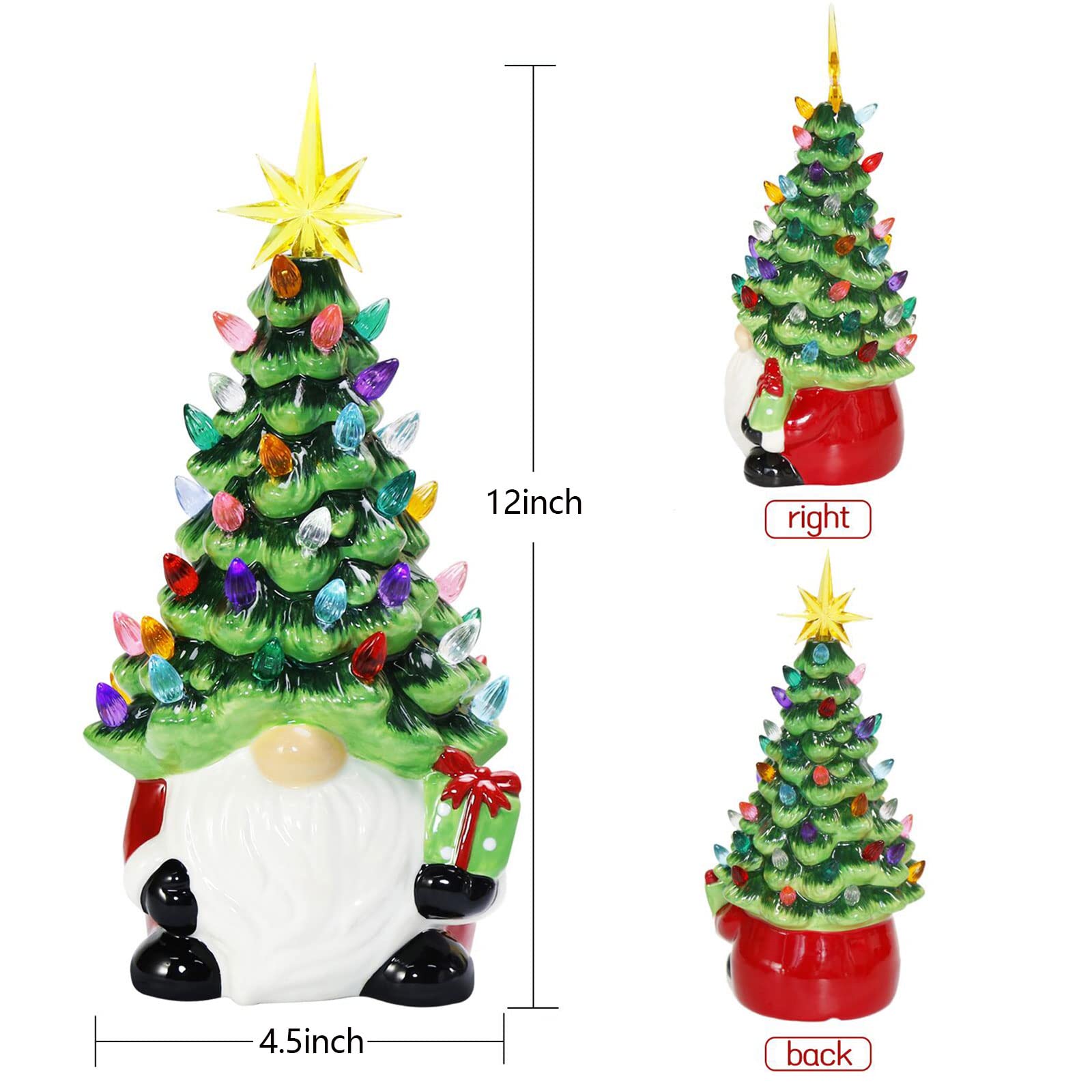 ORIENTAL CHERRY Christmas Decorations - 12    Lighted Up Gnomes Ceramic Christmas Tree with 46 Multicolored Lights - Small Mini