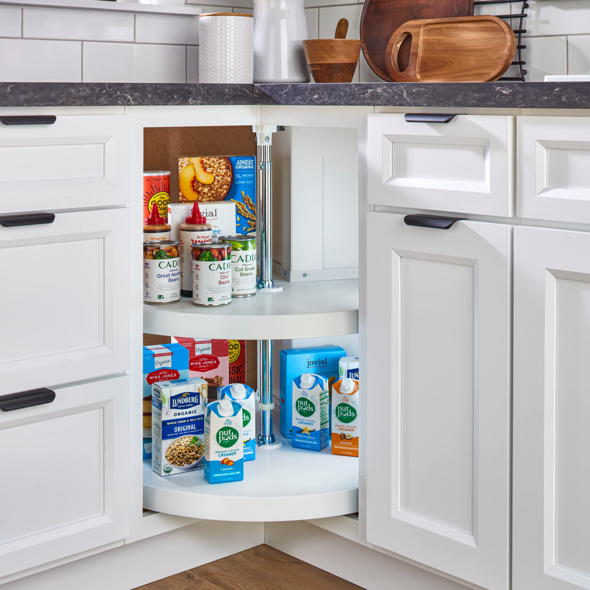 Rev-A-Shelf 2 Tier Pie-Cut Lazy Susan For Corner Base Cabinets, Plastic, 28'' Double Shelf Swivel Kitchen Spice And Can Organize