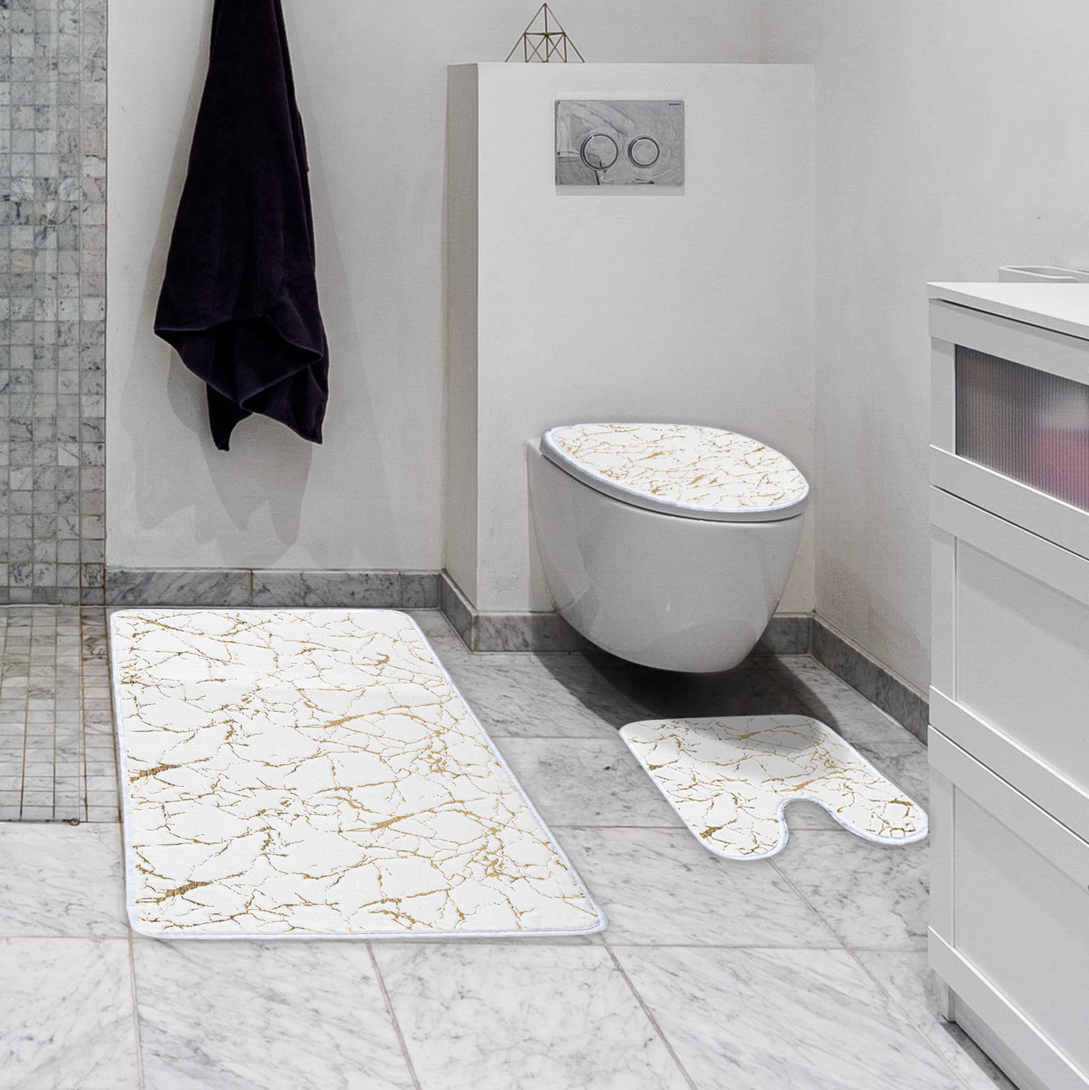 Marble Bathroom Rugs and Mats Set 3 Piece Nonslip White Gold Bathroom Mats Soft Washable Bath Mats for Bathroom Floor Mats Carpet Water Absorbent Shower Rug with U-Shaped Contour Rug Toilet Lid Cover