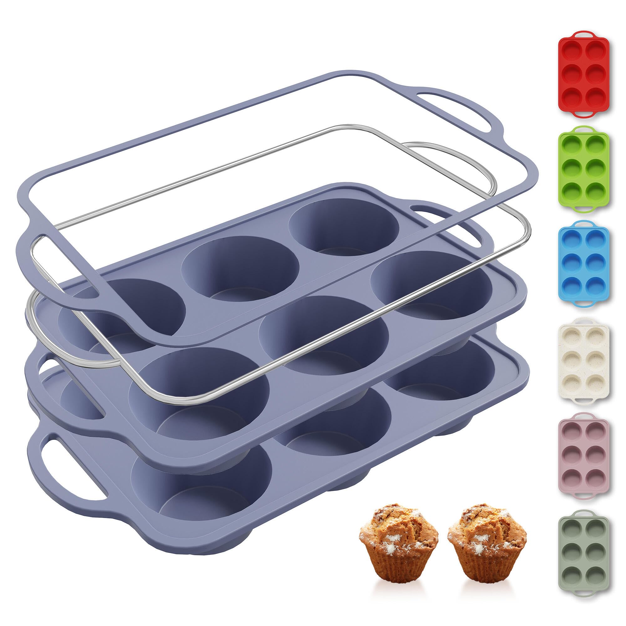 2 Packs 6 Cups Silicone Muffin Pan with Metal Reinforced Frame Jumbo Size Cupcake Pan Tray Egg Bites Silicone Circle Round Cooki