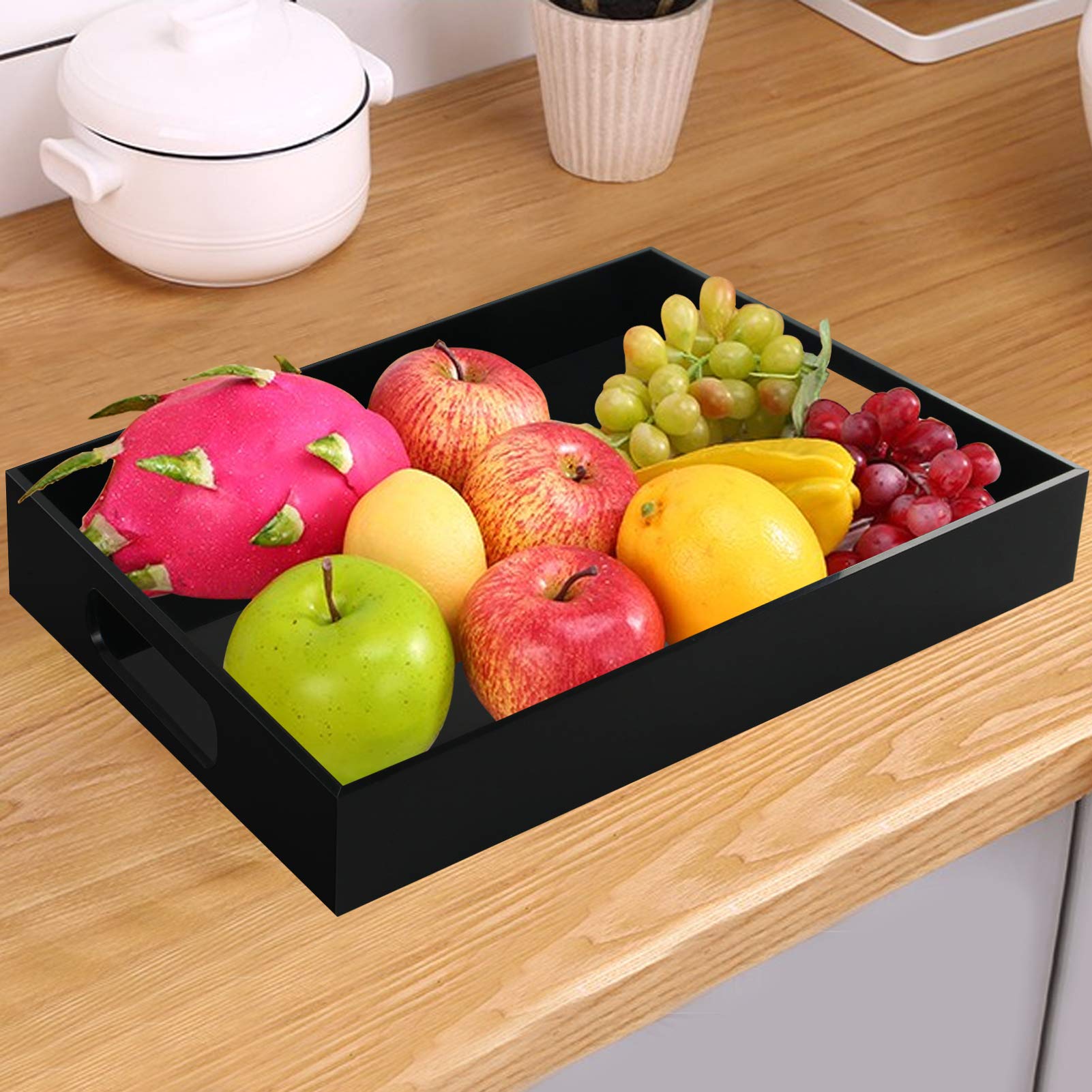 Tasybox Black Serving Tray, Acrylic Decorative Serving Trays With Handles For Kitchen Dining Room Table Ottoman Vanity Counterto