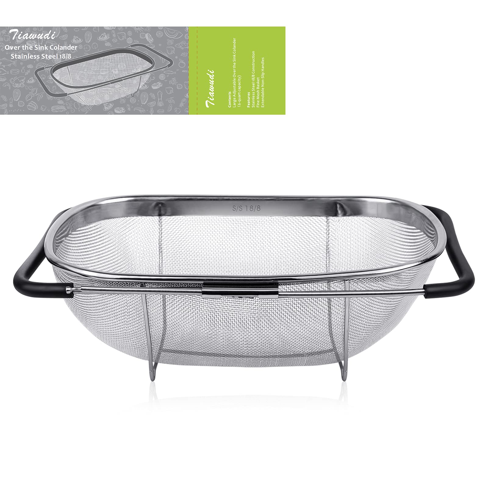 6-Quart Large Over The Sink Colander, 18/8 Stainless Steel Fine Mesh Strainer Basket With Expandable Rubber Grip Handles - Strai