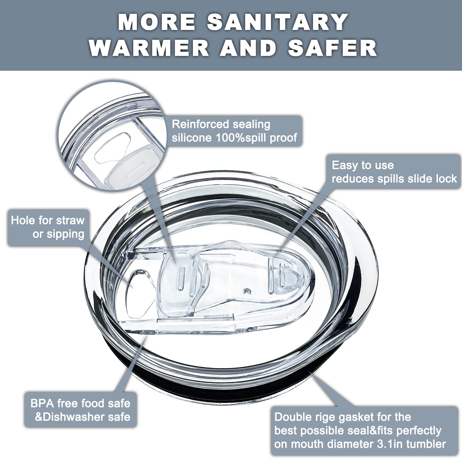 Xccme 30Oz Skinny Tumbler Replacement Lids 4 Pack,Spill Proof Splash Resistant Silicone Sliding Covers,Straw Friendly, Bpa Free