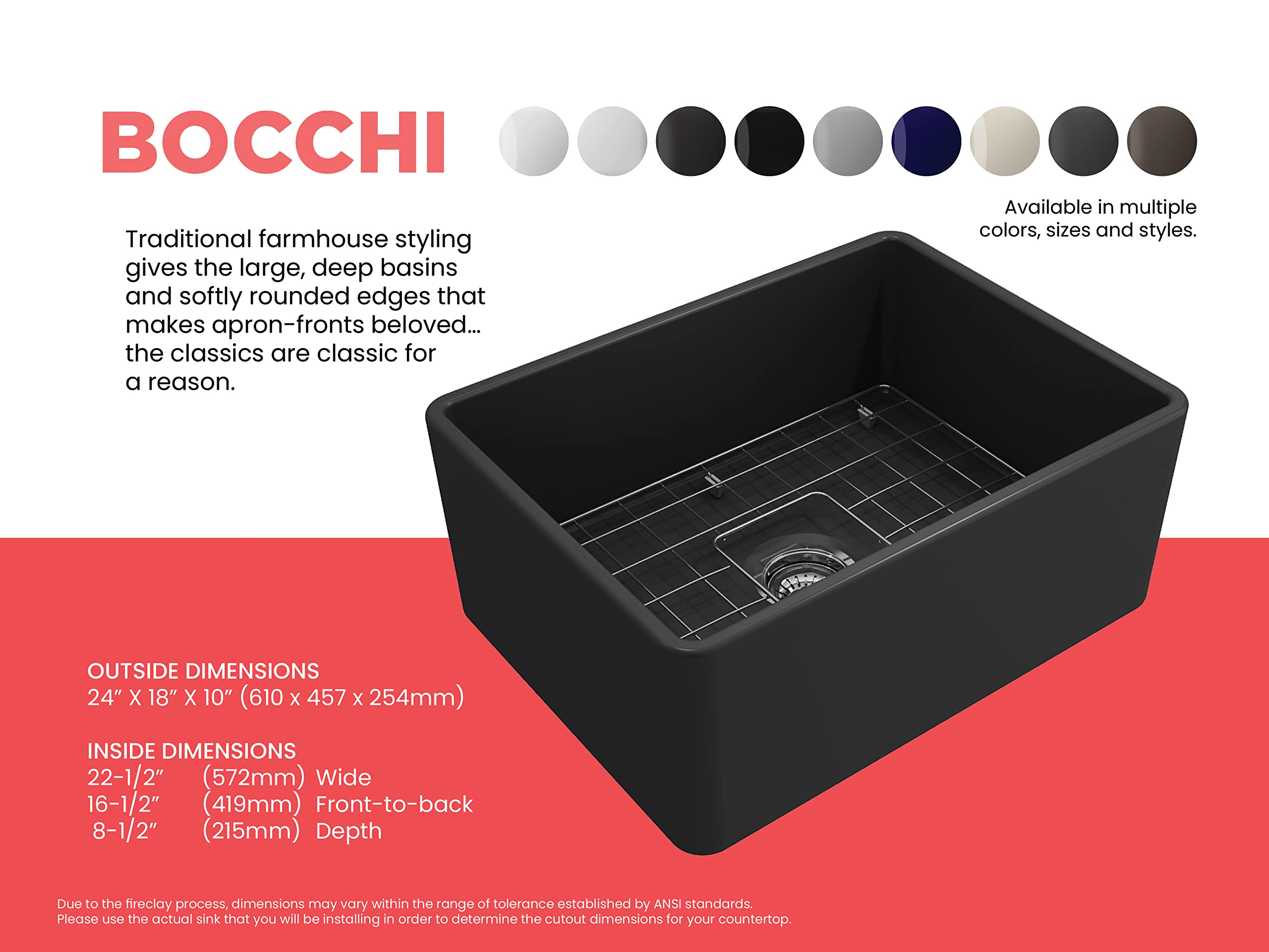 Bocchi Classico Farmhouse Apron Front Fireclay 24 In. Single Bowl Kitchen Sink With Protective Bottom Grid And Strainer In M.Dar