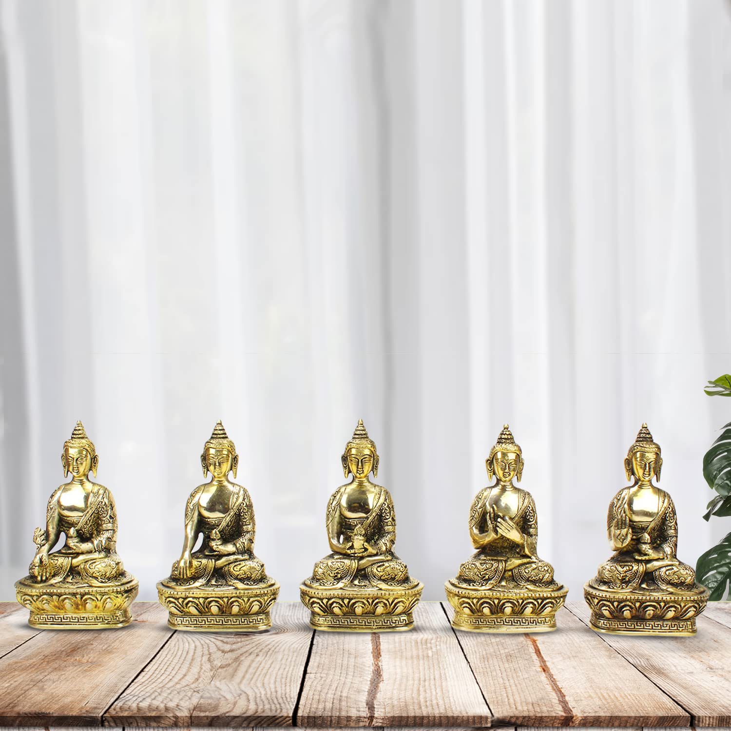 Kartique Brass Buddha Set of 5 Buddha Mudras (Meditation, Bhumisparsha, Dhyana,Dharmachakra and Abhaya Mudra) - Brass Statue Hei