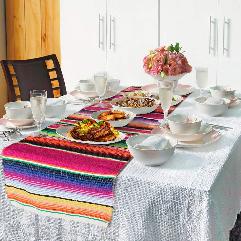 Fowecelt Mexican Serape Table Runner 14 X 84 Inch For Mexican Party Wedding Decorations Outdoor Picnics Dining Table, Fringe Cot