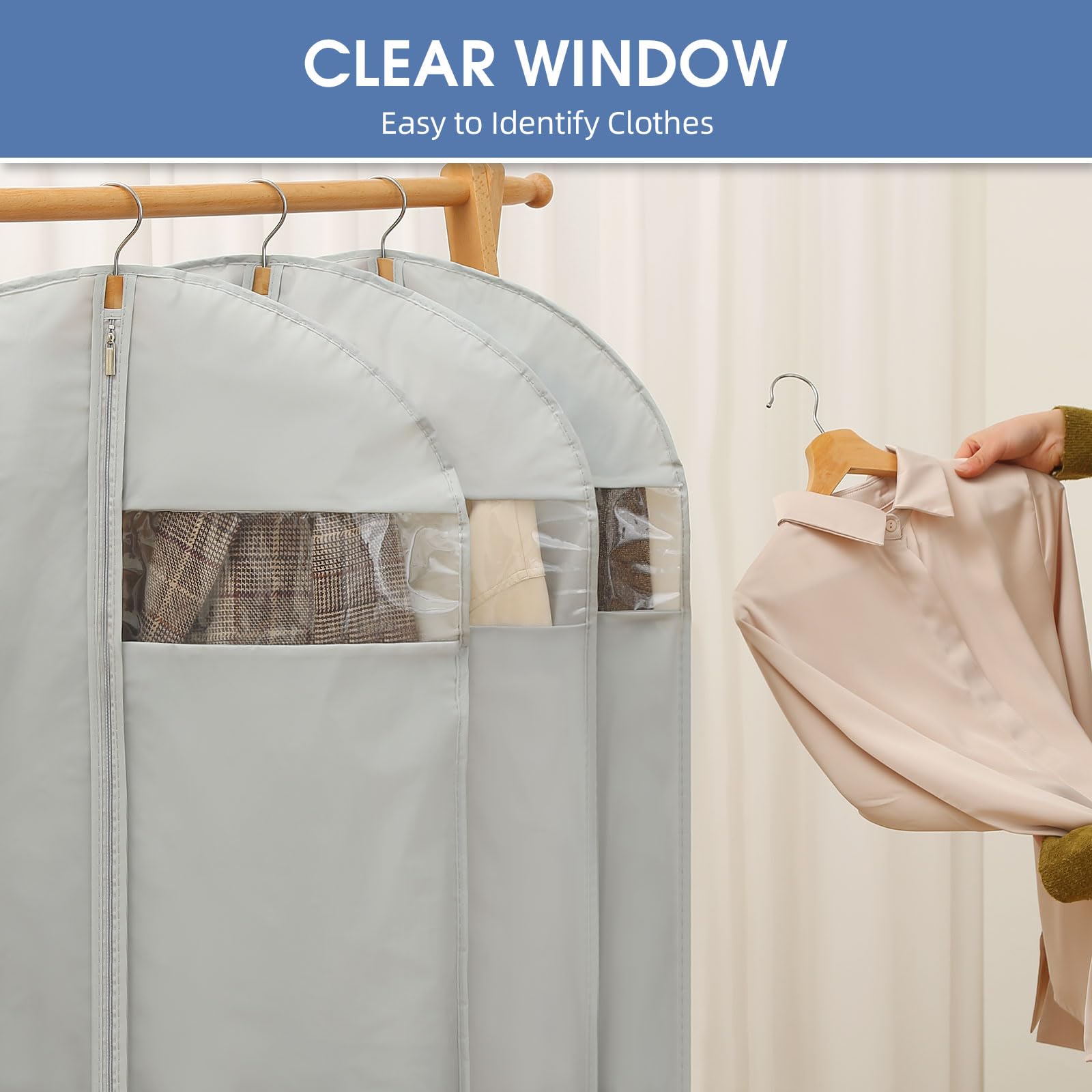 Perber 43'' Garment Bags For Hanging Clothes, Suit Bags For Closet Storage And Travel, Grey Suit Cover Bags With Clear Window Fo