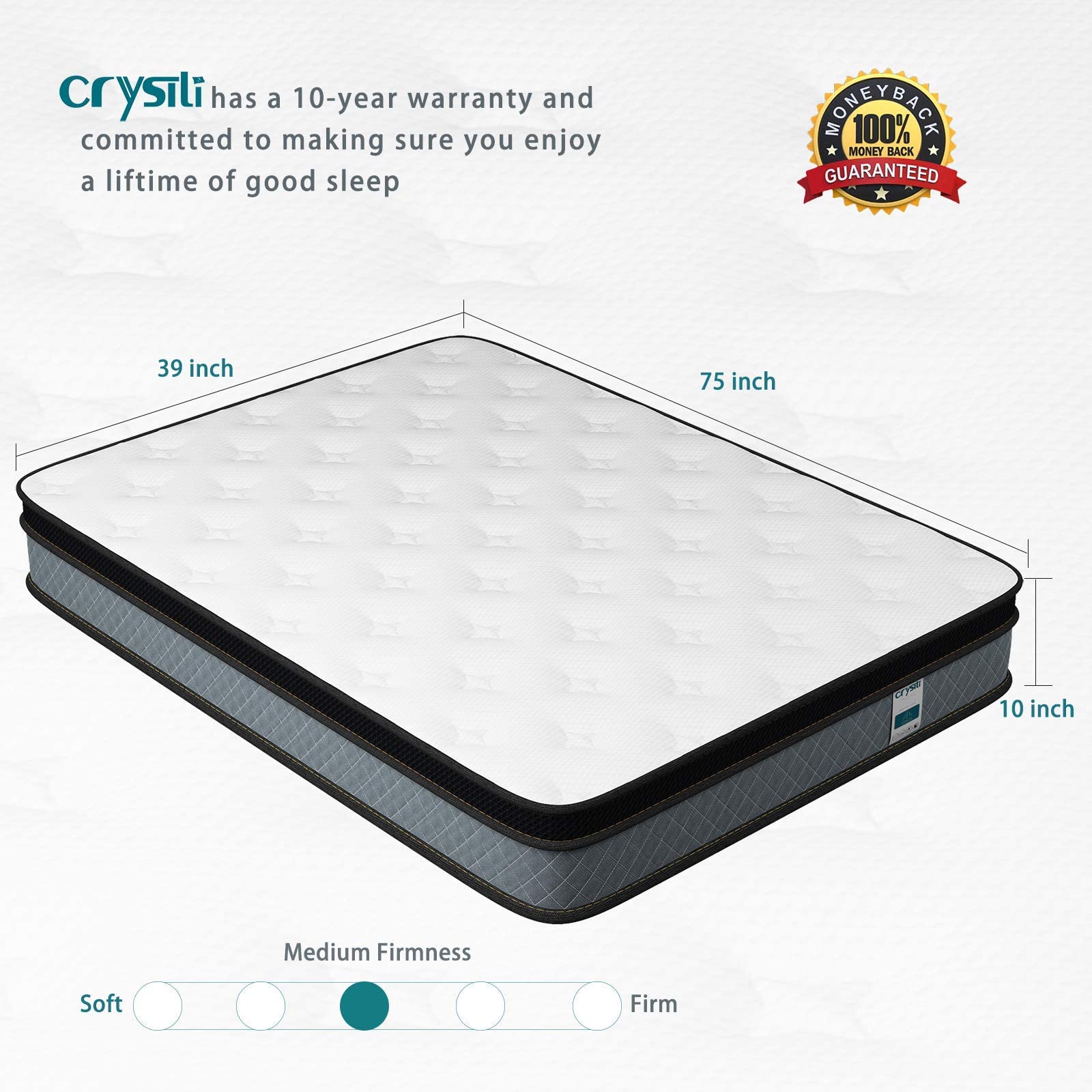 Crystli Twin Mattresses 12 inch Memory Foam Mattress Twin Size Hybrid Mattress Medium Firm Bed Mattress in a Box with CertiPUR-US Foam 100-Night Trial 10 Years Warranty