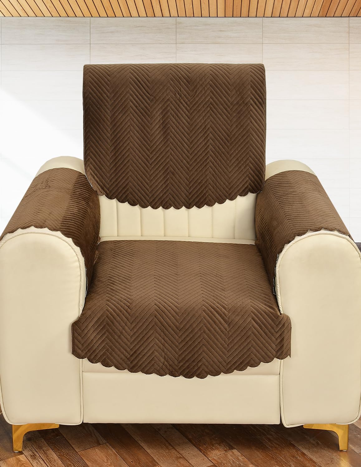 Yellow Weaves Velvet 1 Seater Quilted Sofa Chair Cover With Arm Cover, Seat & Back Cover, Color - Dark Brown