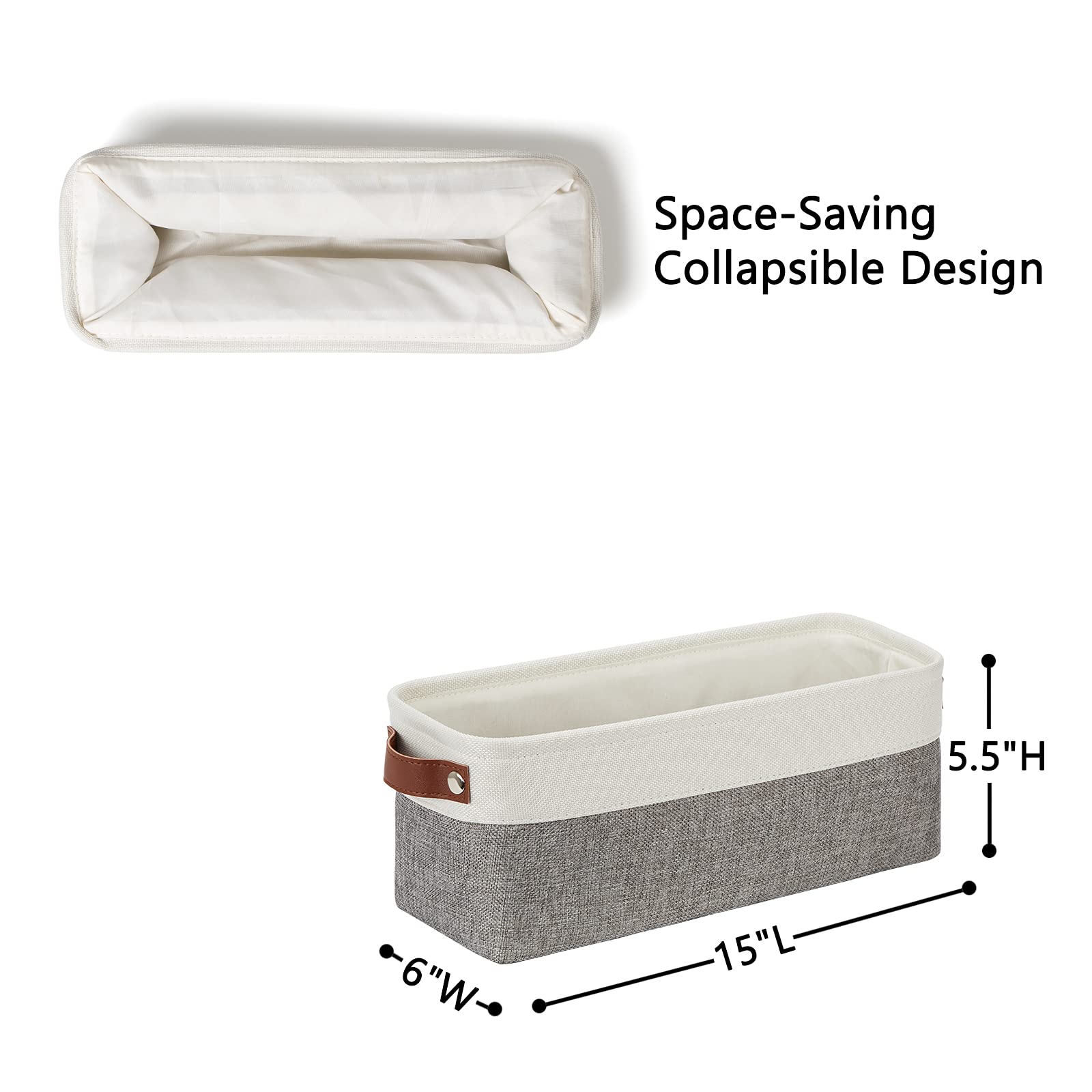 DULLEMELO Small Storage Baskets 15''x6''x5.5''  Fabric Storage Bins for Toilet Tank Top [2 Pack]  Back of The Toilet Basket (White&Grey)