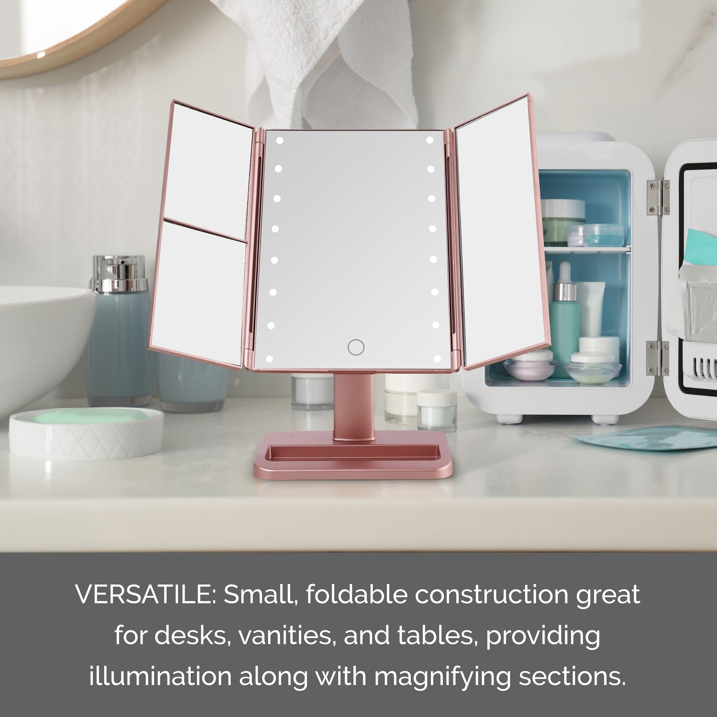 Melannco 7.09X4.69X11.61 Inch Rose Gold Tri Fold Led Vanity Mirror, 3 Magnifications And Dimmable Led Lights