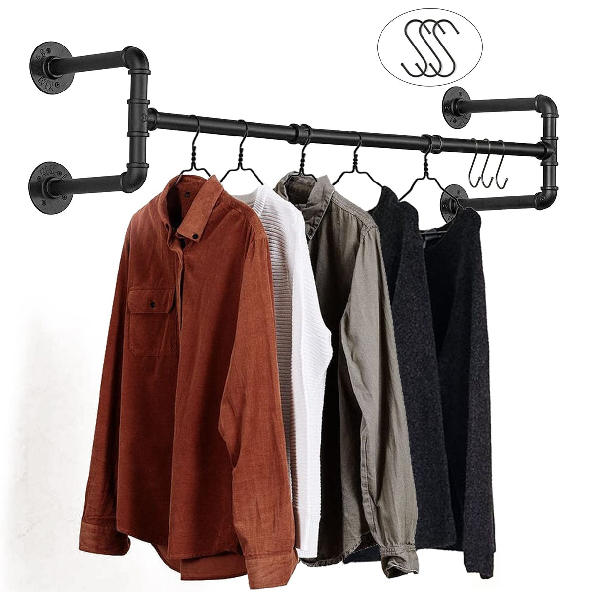 Varsoul Wall Mounted Clothes Rack - 54''Industrial Pipe Clothing Garment Rack, Space-Saving Heavy Duty Detachable Black Iron Clo