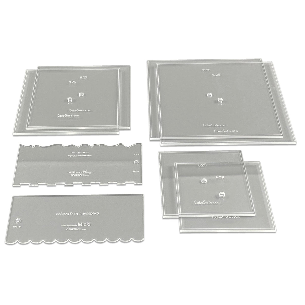 Cakesafe Square Essential Cake Decorating Acrylic Disk Kit - 3 Sets - Square 6.25'', 8.25'', 10.25'' Disk Sets (2 Disks Per Size