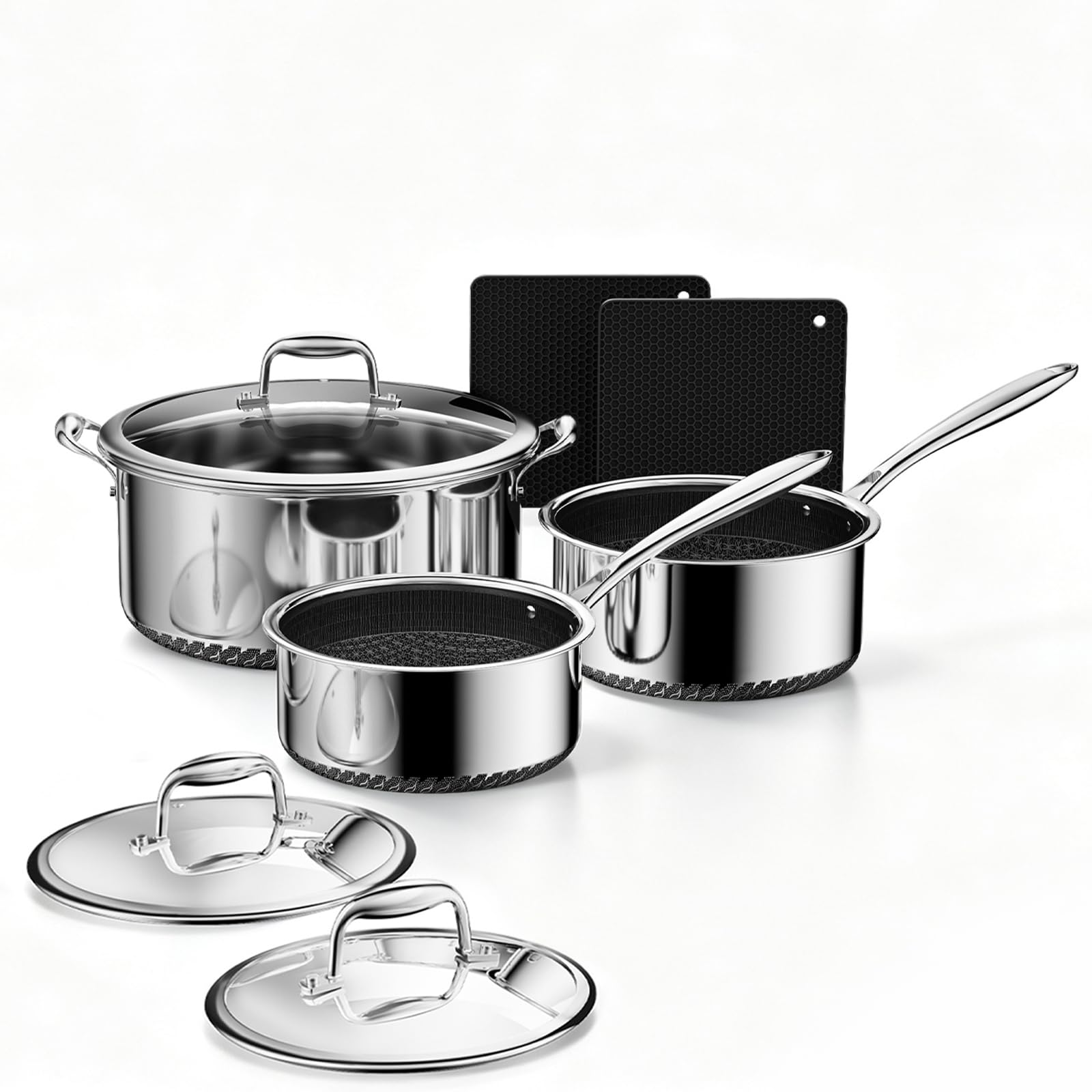 Blingco 8pc Hybrid Stainless Steel Pot Set,8qt Soup Pot & 2/3qt Saucepans