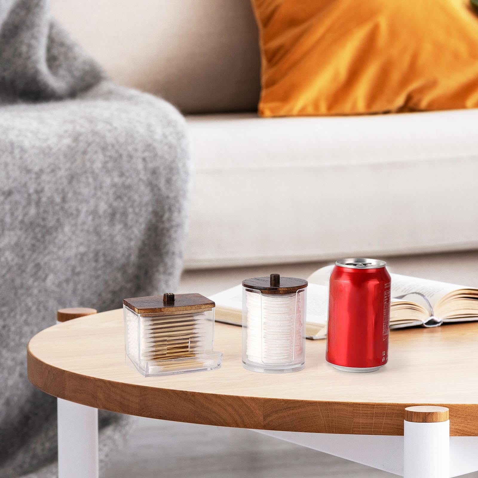 Tbestmax Qtips Holder Bathroom Container with Brown Wood Lids  10/7 OZ Cotton Ball/Swabs Dispenser  Apothecary Organizer Jar for Storage 2 Pcs