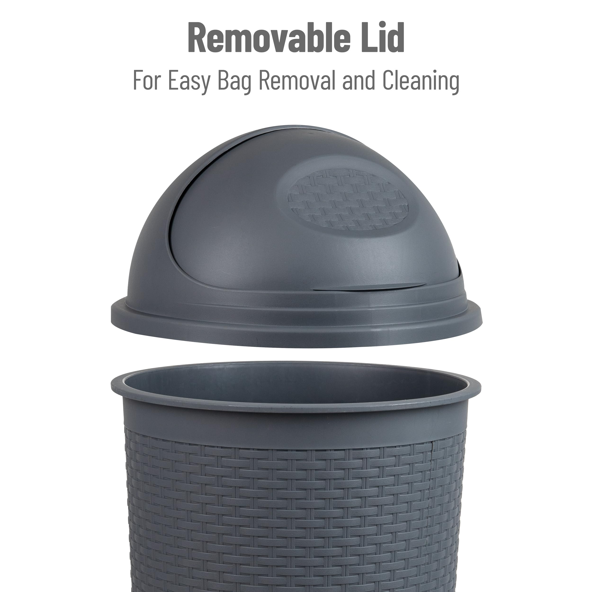 Mind Reader 55L Roll-Top Kitchen Garbage Can, Trash Can With Lid, Premium Wicker Design, Plastic, 16''L X 16''W X 31.5''H, Gray