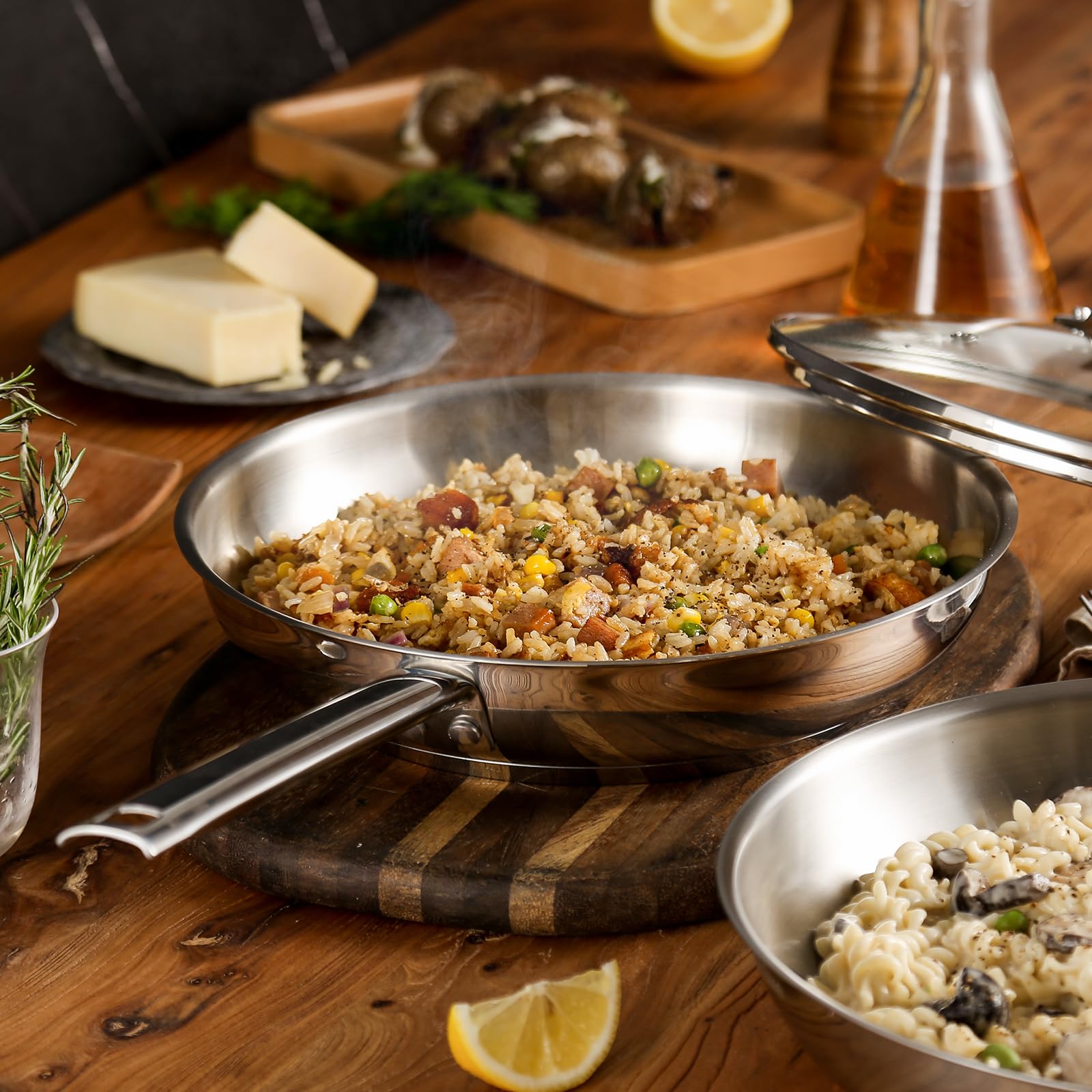 Deluxe Stainless Steel Frying Pan With Lid, 11-Inches Oil Gather Pro Skillet With 3-Ply Heavy Bottom, Pfoa Free Frying Pot With