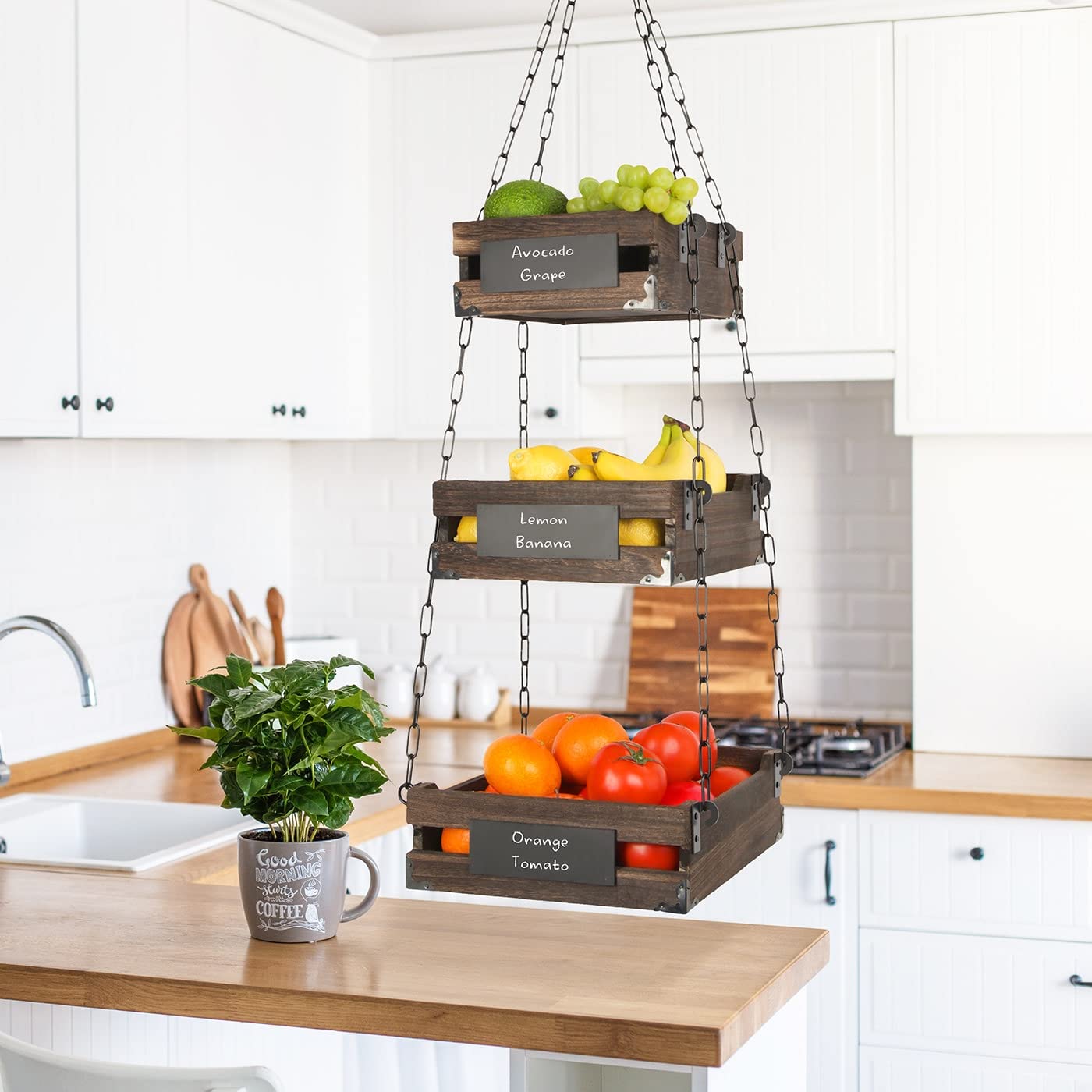 J Jackcube Design 3-Tier Rustic Wood Hanging Fruit Basket, Kitchen Fruit, Vegetable Storage Organizer, Countertop Space Saver- H