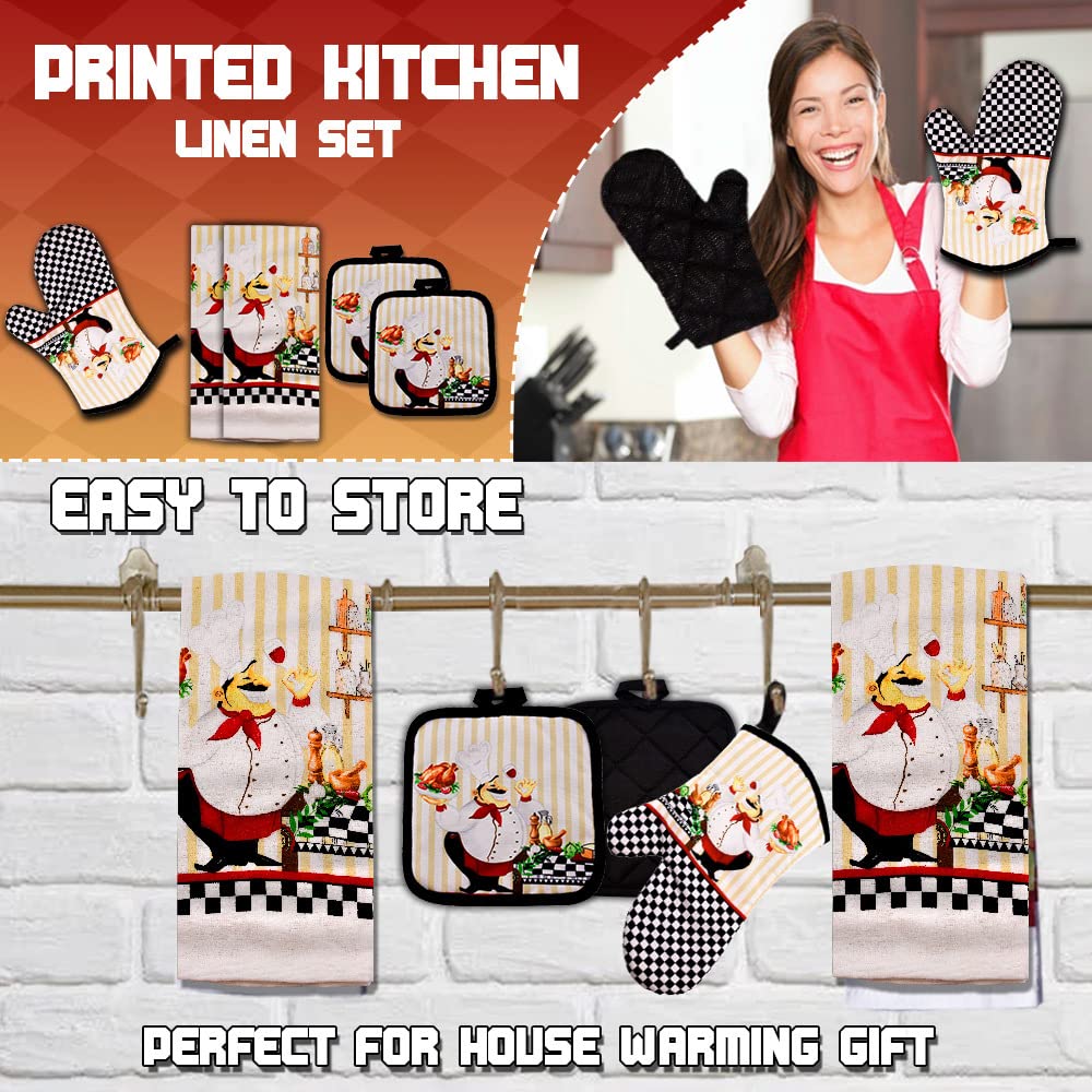 Lobyn Value Packs - Charming 5 Piece Kitchen Towel Set: Chubby Uniformed Chef Design, Includes 2 Decorative Dish Towels (25X15)