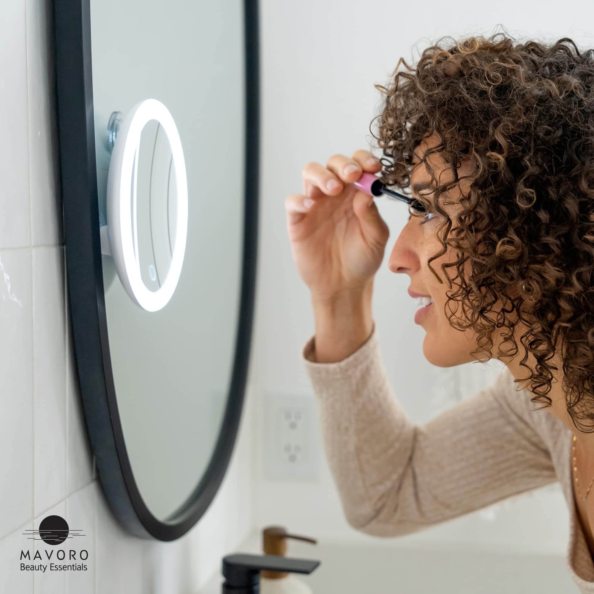 Mavoro Triple Suction Cup Magnifying Mirror With Light | Rechargeable | Magnified 10X Mirror Backlit Led Mirror. Compact, Portab