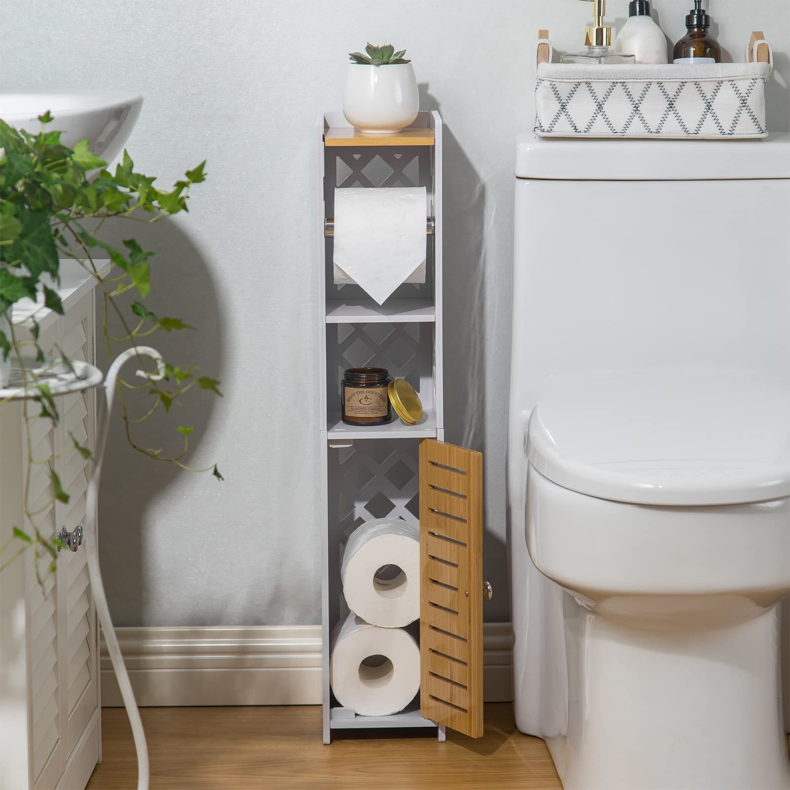 Toilet Paper Holder Stand Chrome Toilet Paper Holder Behind Toilet Storage for Restroom Cabinet Bathroom Stand with Toilet Paper Holder Insert Slim Storage Cabinet for Small Space White by H HUIYKALY