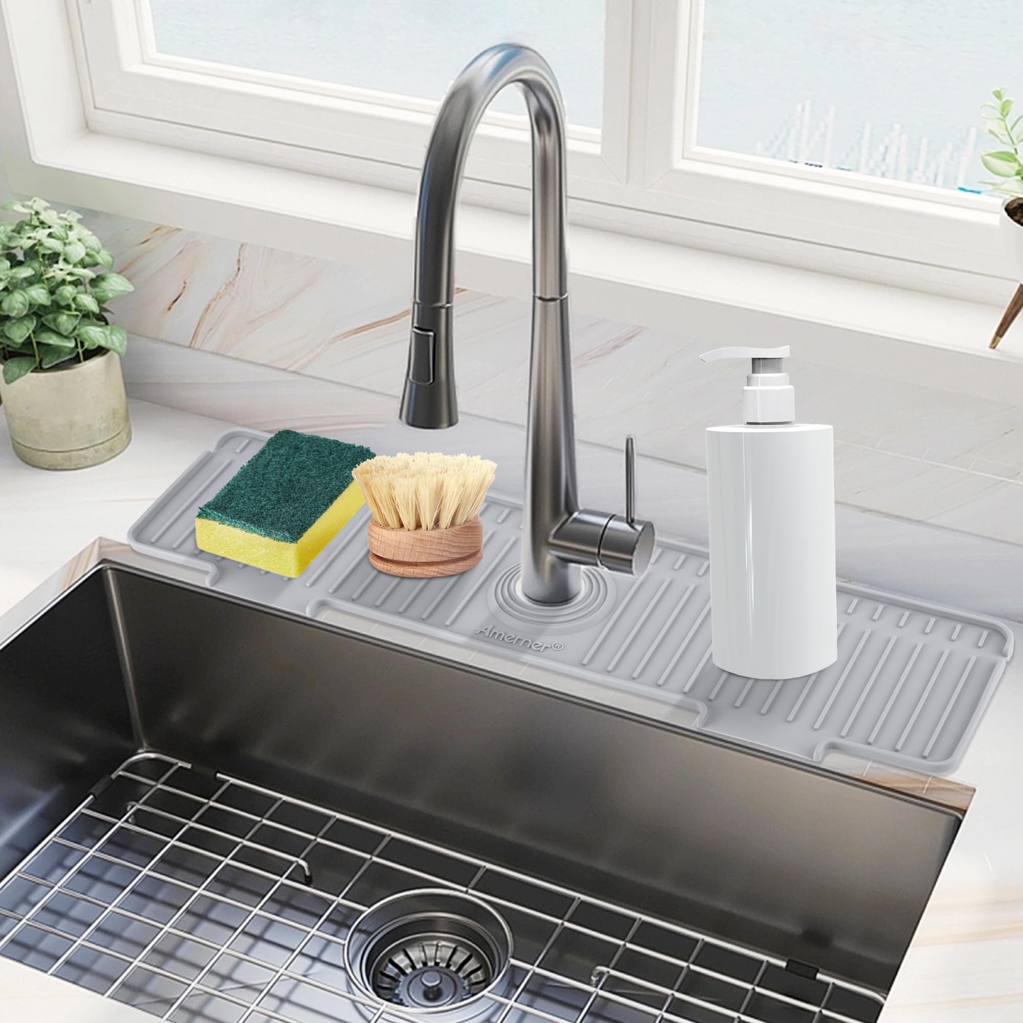 Amerner 20 inch Kitchen Sink Splash Guard, 10 Large Slope & Adaptable Hole Faucet Mat for Kitchen Sink, Silicone Sink Organizer 