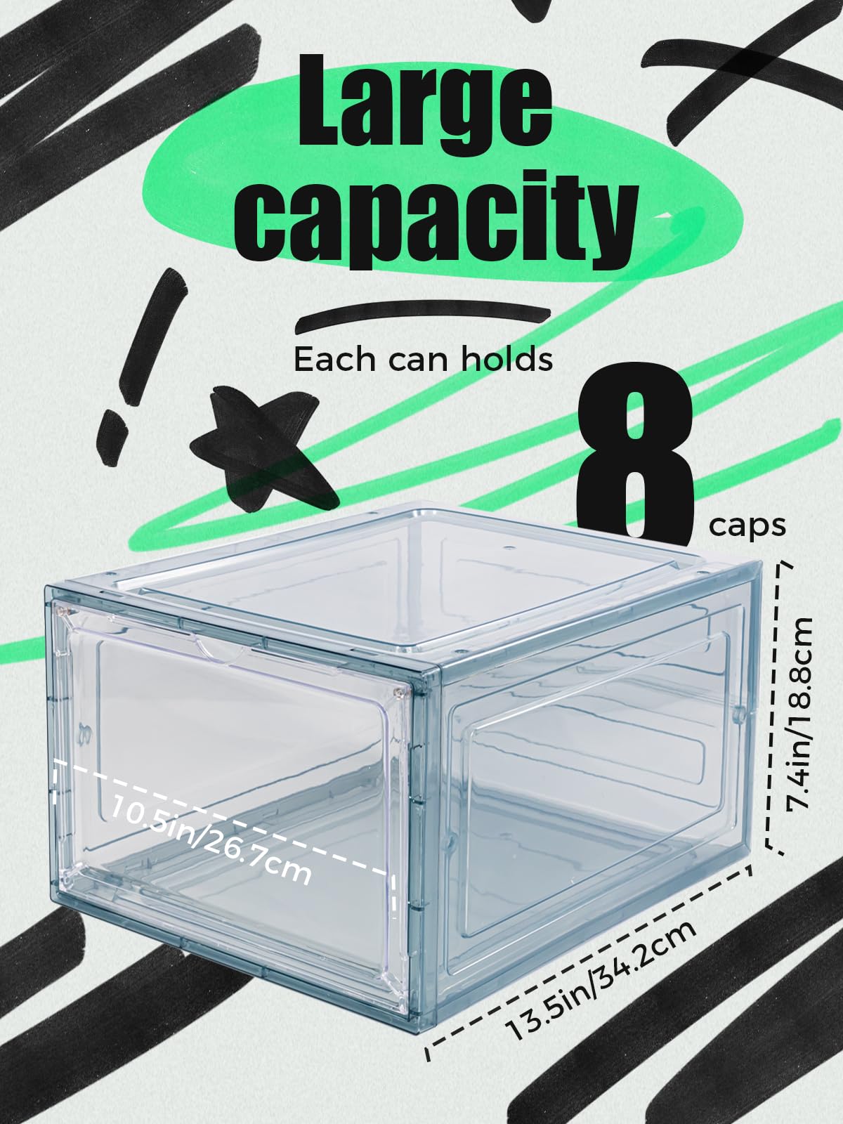 SCAVATA Hat Organizer Box - Stackable Clear Baseball Cap Storage, Holds 8 Hats, Magnetic Door, Blue