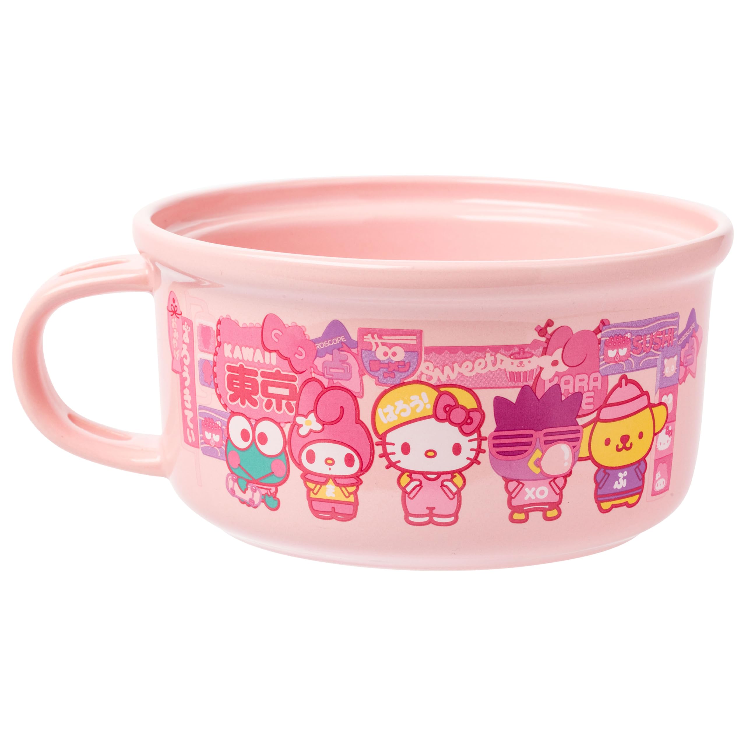 Silver Buffalo Sanrio Hello Kitty And Friends Featuring Keroppi, My Melody, Badtz-Maru, And Pompompurin Soup Mug And Bowl Lid Wi