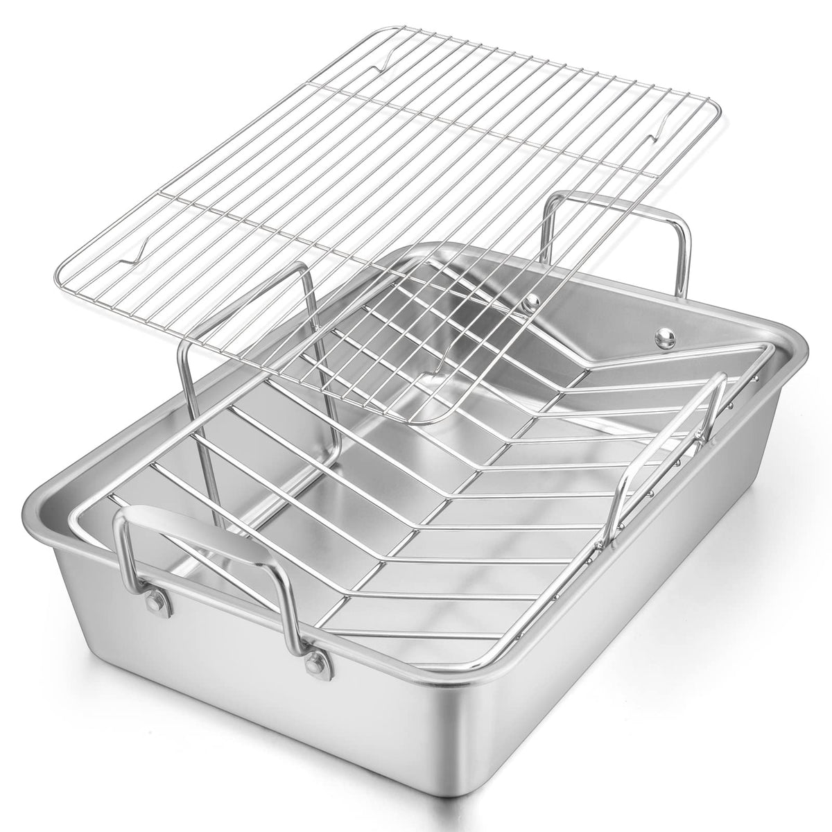 Roasting Pan, E-Far 16 X 11.5 Inch Stainless Steel Turkey Roaster With Rack - Deep Broiling Pan & V-Shaped Rack & Flat Rack, Non