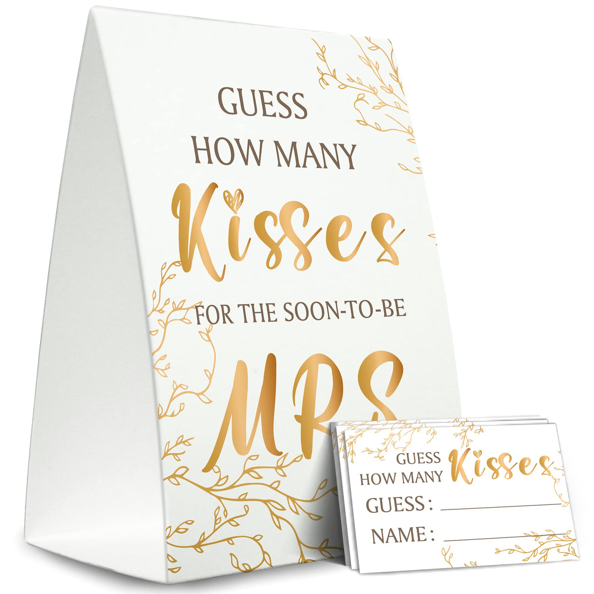 Tesedupoole Bridal Shower Game Cards Kit (1 Standing Sign + 50 Guessing Cards), Golden,Guess How Many Kisses For The Soon To Be