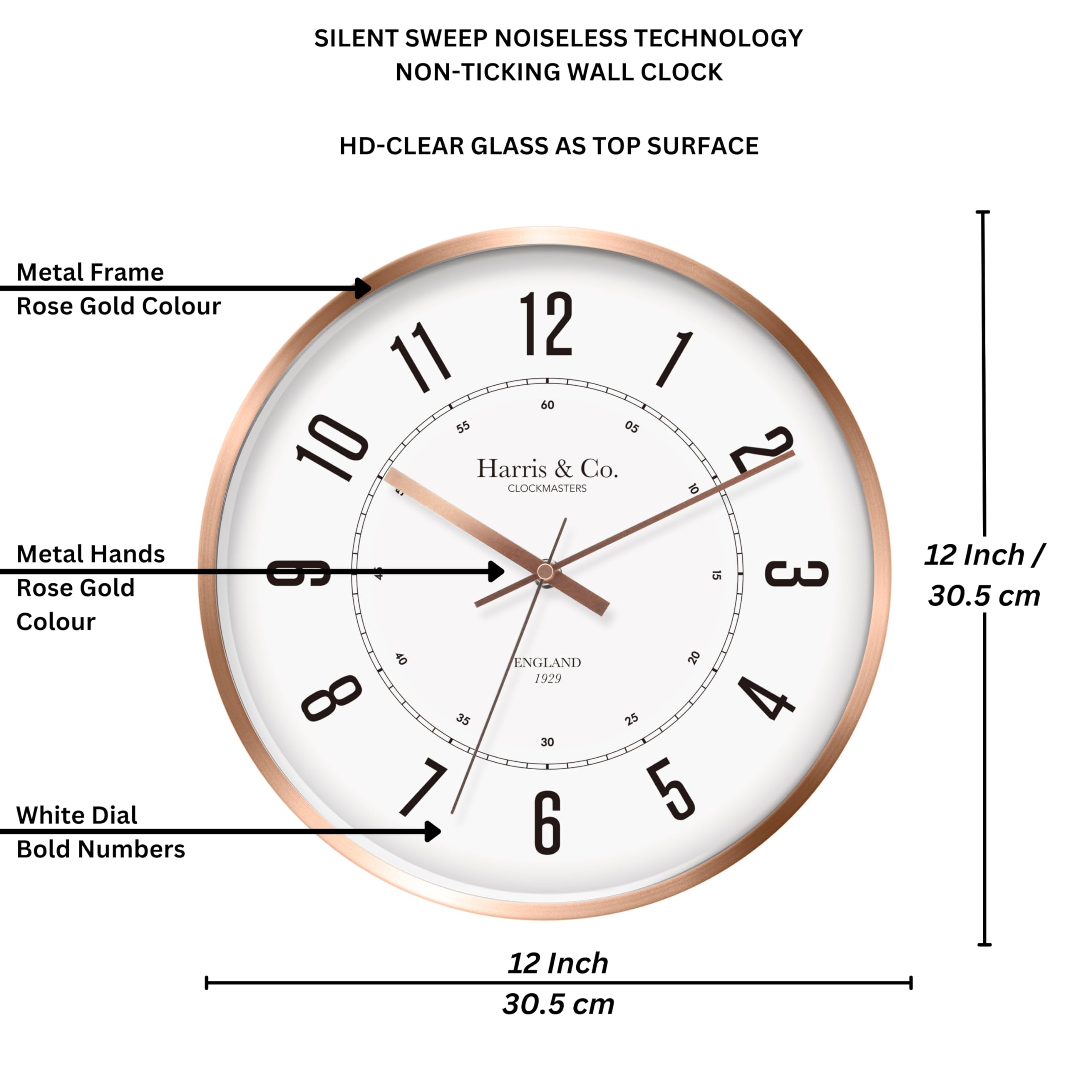 Harris & Co. Clockmasters Silent Sweep Noiseless Technology Wall Clock (12 Inch, Rose Gold Metal Frame, Model - Oxford Street In