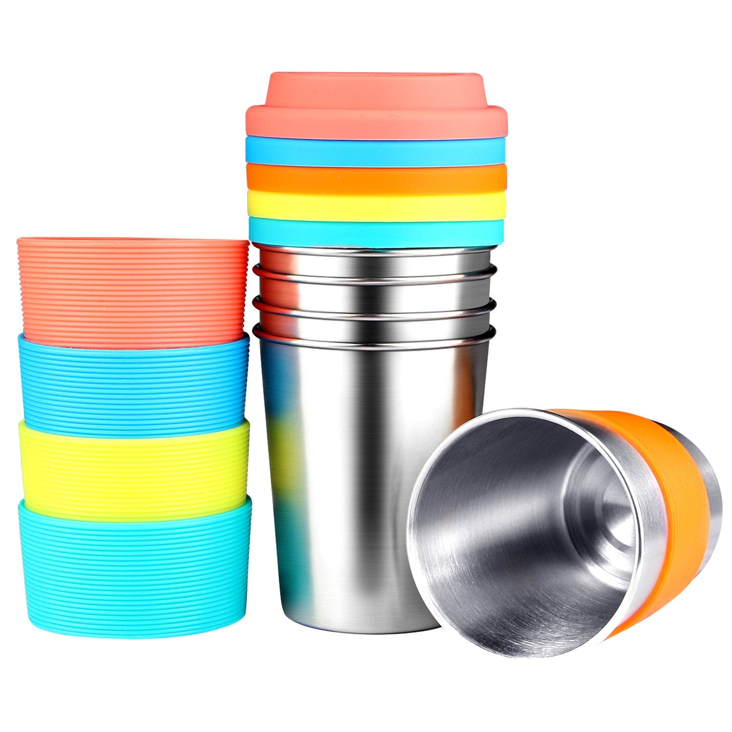 Kereda Kids Stainless Steel Cups With Silicone Lids & Sleeves, 5 Pack 8 Oz. Drinking Tumblers Eco-Friendly Bpa-Free For Children