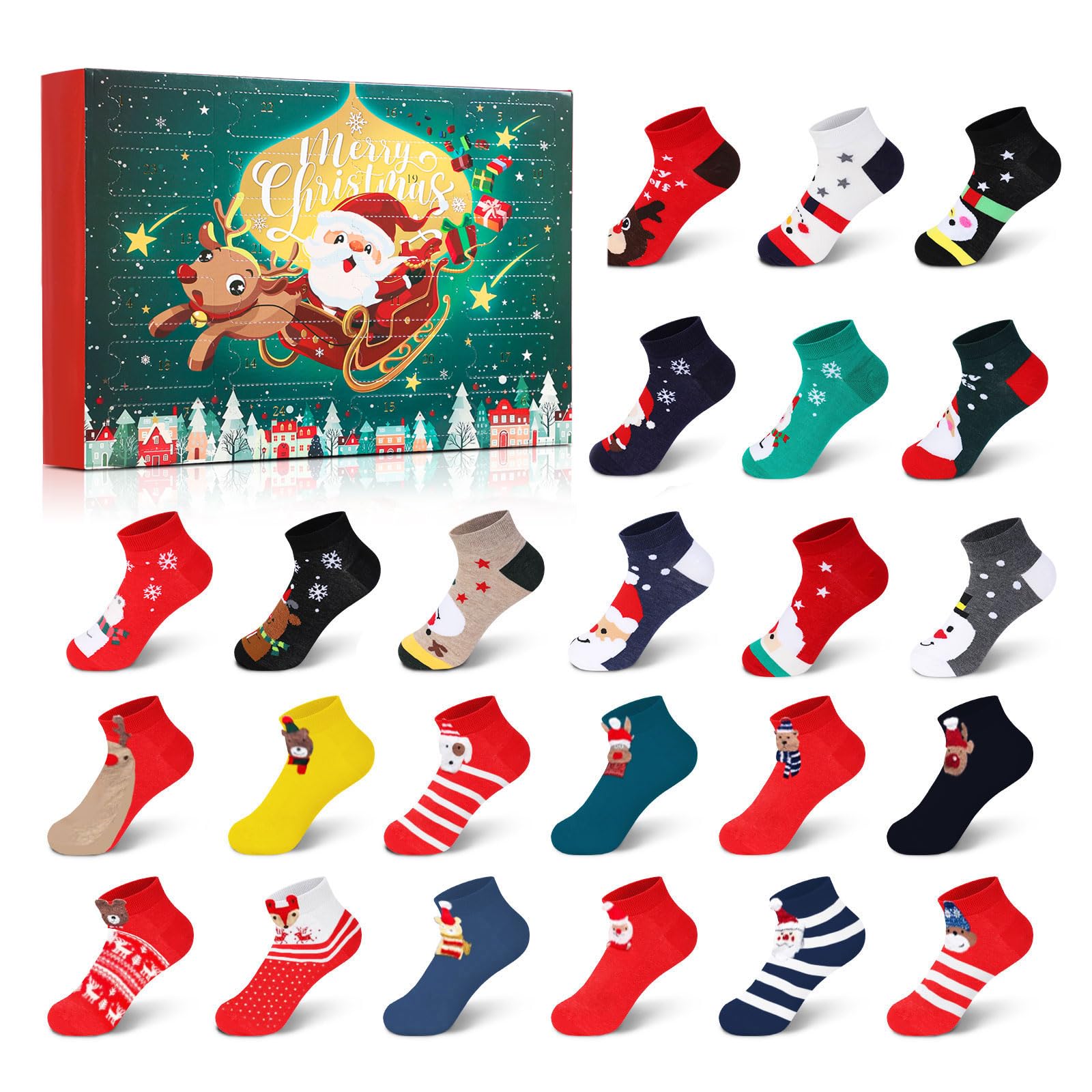 MJartoria Christmas Socks Advent Calendar 2025 Kids -24 Days of Advent Box Socks Christmas Countdown, Santa Elk Snowman Tree Pat