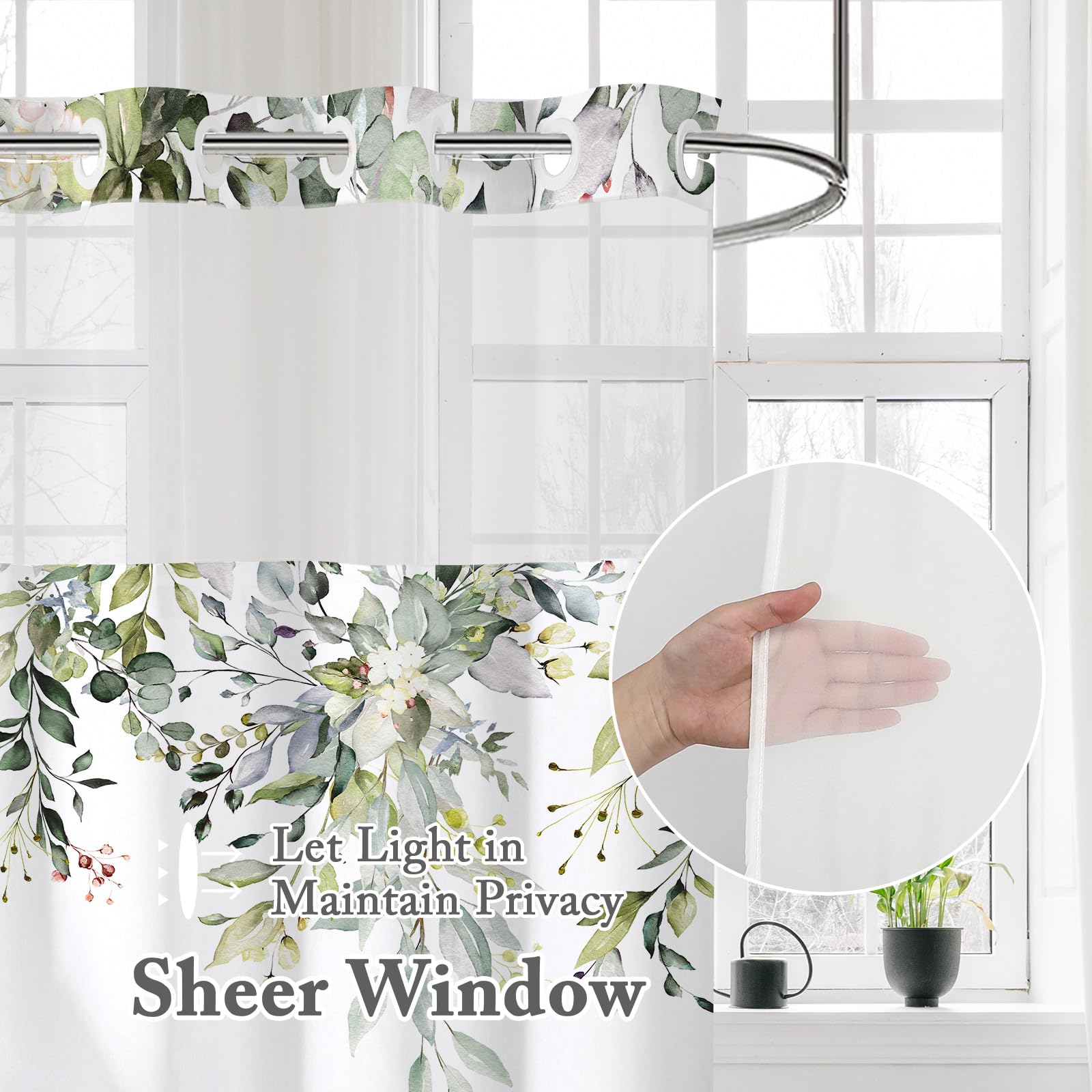 Gibelle No Hook Long Shower Curtain With Snap-In Fabric Liner Set - 72'' X 80''(78''), Hotel Style Sage Green Eucalyptus Leaves