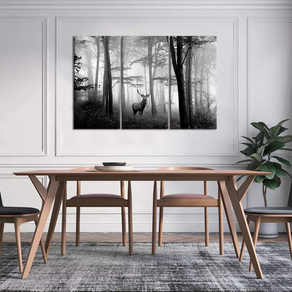Welmeco 3 Pieces Animals Wall Decor Black And White Deer In Autumn Forest Canvas Prints Artwork For Home Office Nature Scenery L
