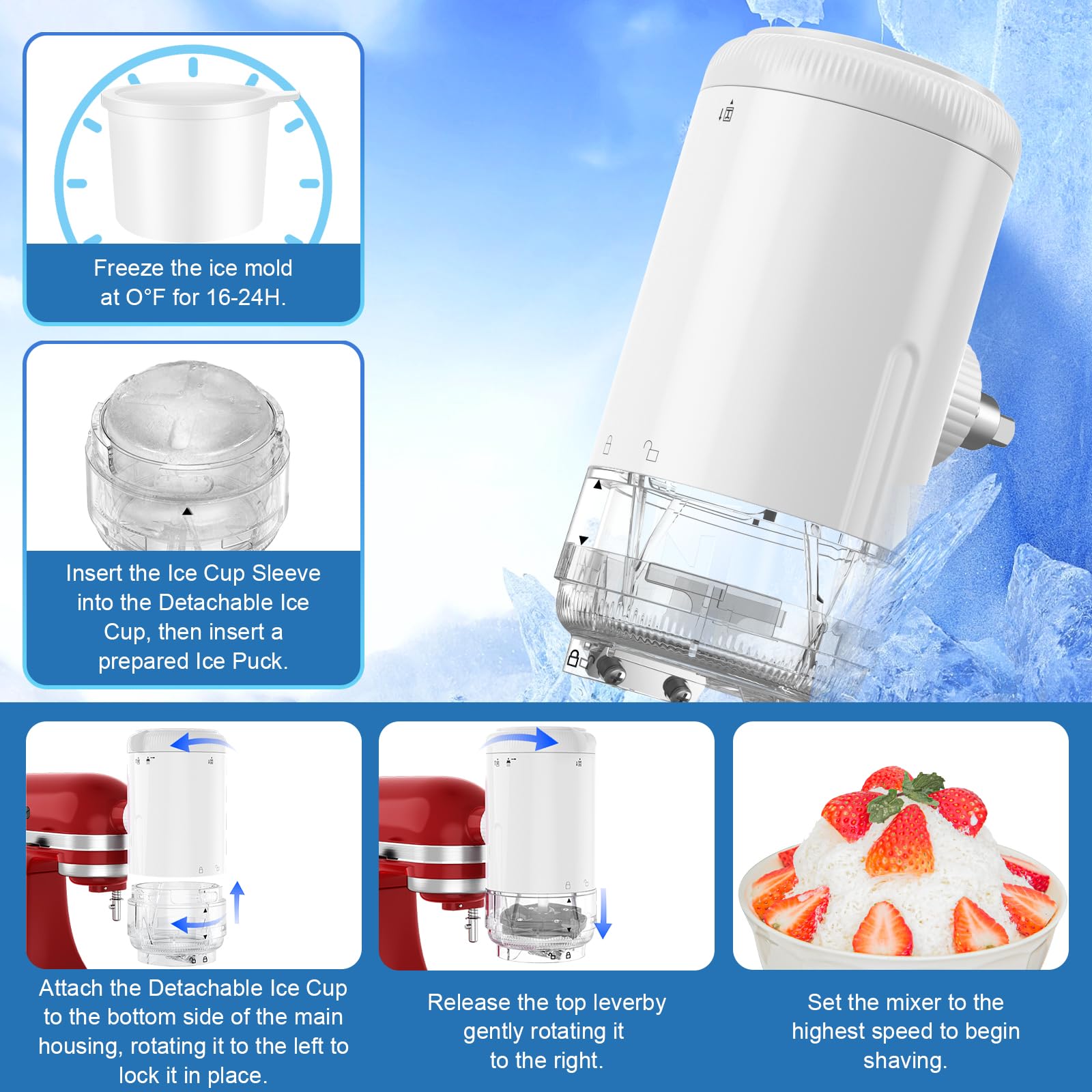 Shaved Ice Attachment For Kitchenaid Stand Mixers With 8 Ice Molds, Ice Shaver Attachment, Snow Cone Attachment/Maker With Coars