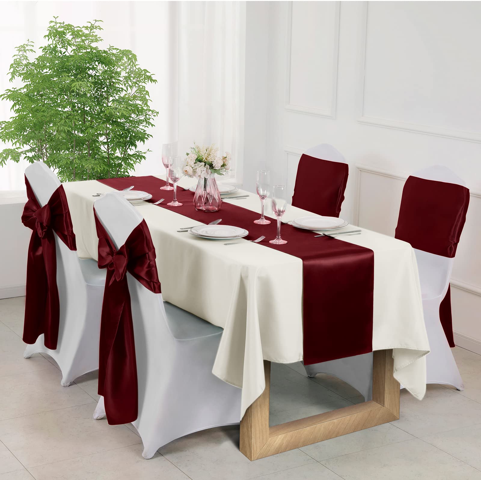 Manyshofu 12Pcs Satin Maroon Table Runner - 12 x 108 Inch Long Size  Party Table Runner Decor Bright & Smooth Wedding Decorations Table Runner for Banquet Chef Birthday Buffet Dinner Graduations