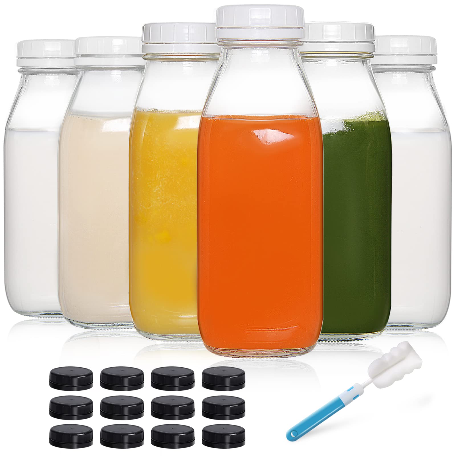 Yeboda 16Oz Glass Milk Bottle With Plastic Tamper-Proof Caps (6 Pack) Vintage Reusable Dairy Drinking Containers, Glass Bottles