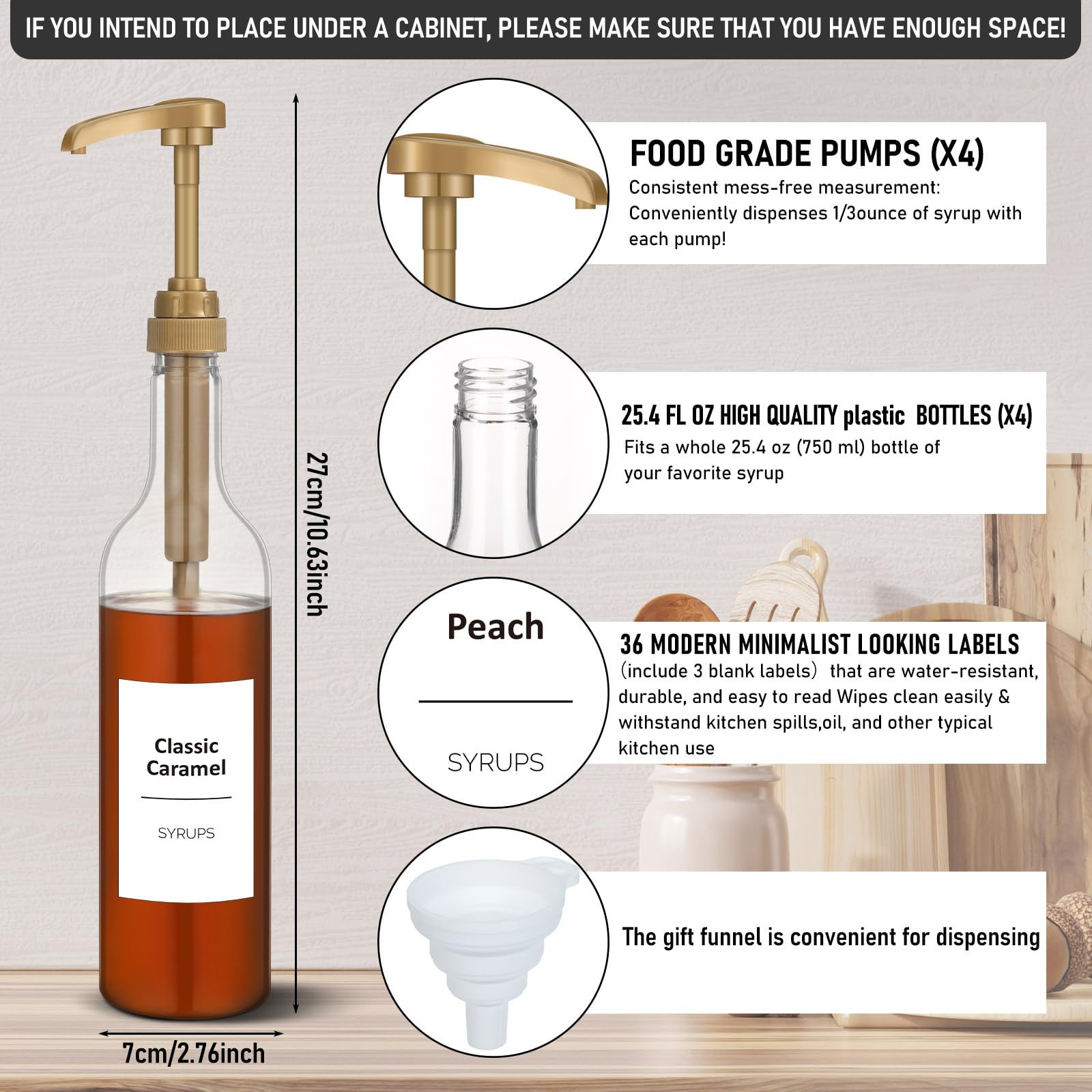 Bokon 4 Pcs Coffee Syrup Dispenser 25.4 Oz 750 Ml Coffee Syrup Gold Pump Bottles With Comprehensive Label Set And Funnel For Cof