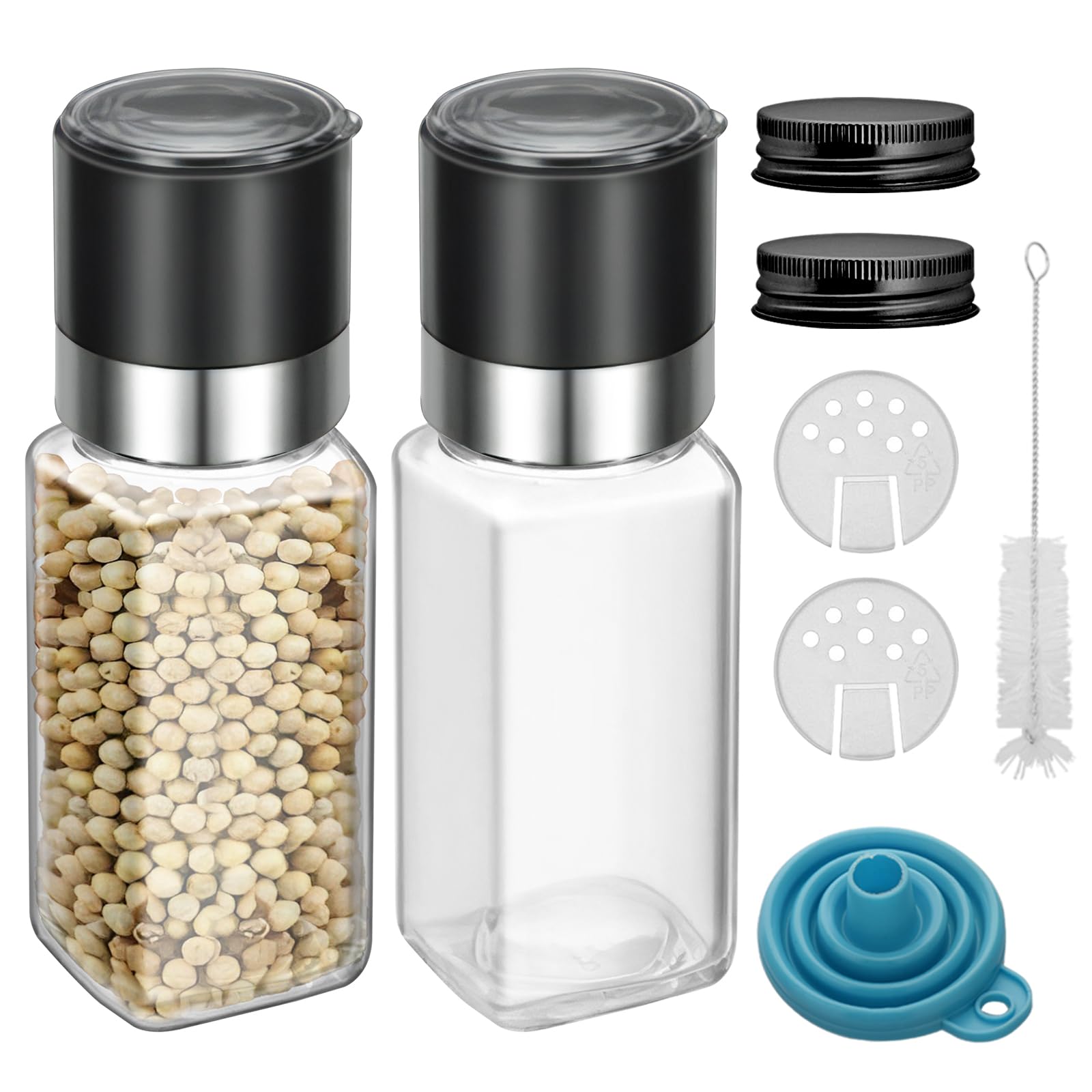 2Pcs 4oz square Glass Spice Jar with Lid, 120ml Spice Jar with Salt Herb Black Pepper Grinder, Sea Salt Grinder Spice Bottle, Wh