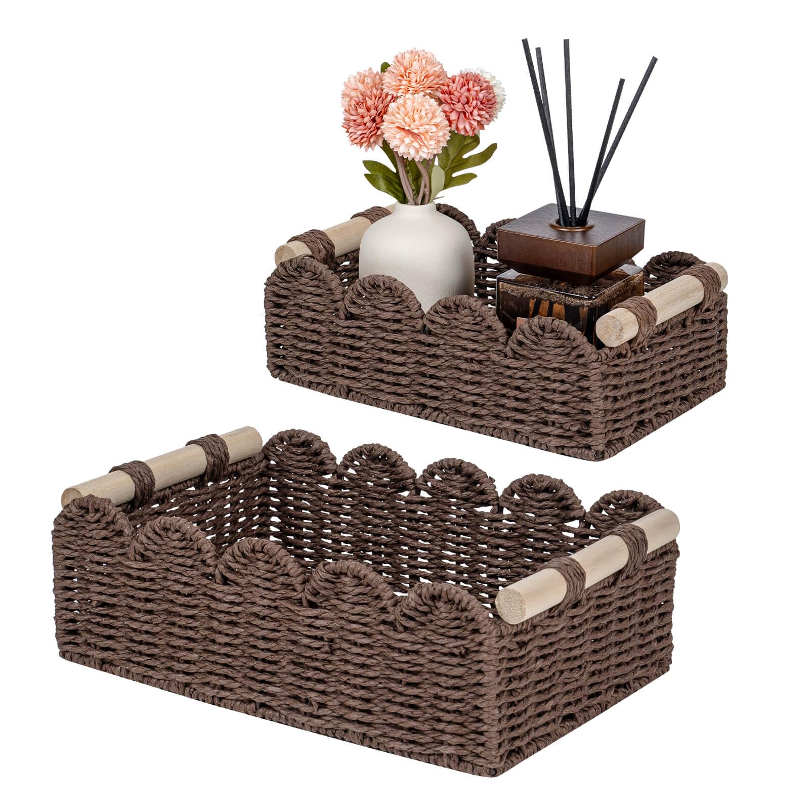 CubesLand Paper Rope Scalloped Edge Shelves Baskets Set 2, Idea for Over Toilet Storage Shelf, End Table, Nightstand, Toilet Tan