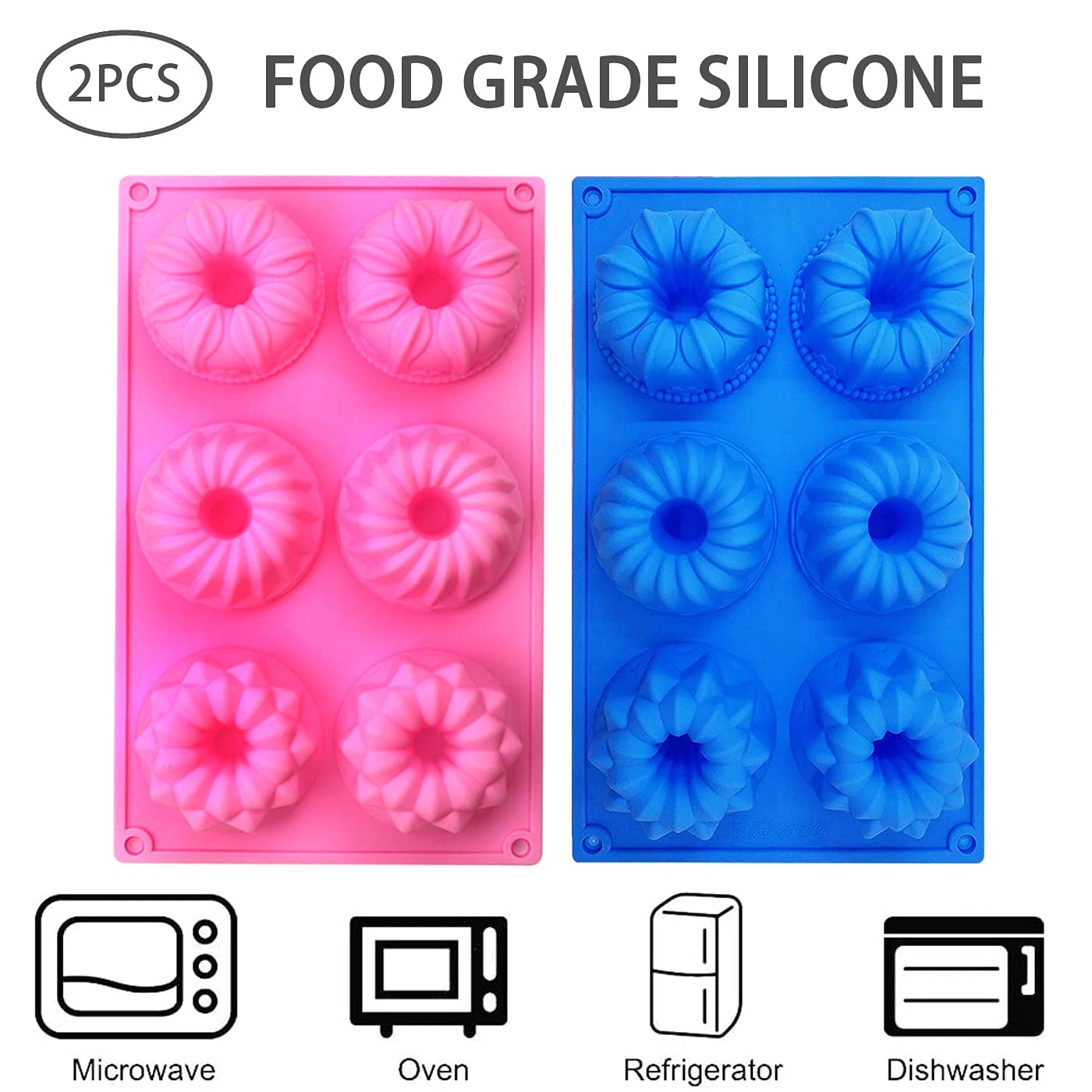 SAGOOITS Silicone Mini Bundt Cake Pans - 6-Cavity, Non-stick Baking Mold, 2 Packs (Pink & Blue) for Cupcakes, Donuts, Brownies