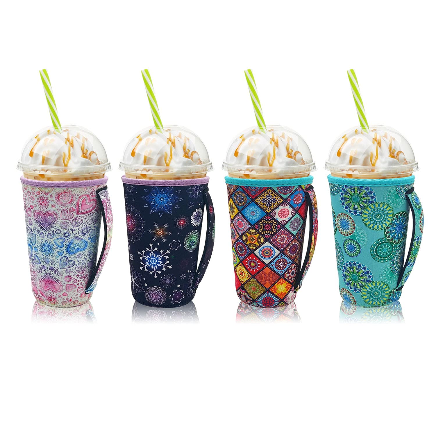 4Pack Reusable Iced Coffee Sleeve Insulator Sleeves For Cold Drinks Beverages, Neoprene Cup Holder With Handle For Most Coffee,