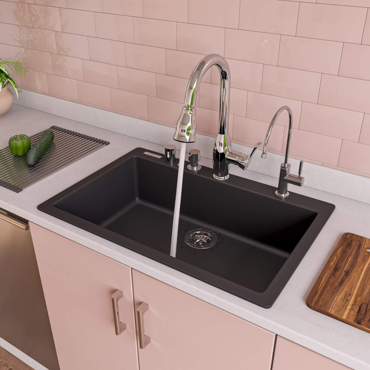Alfi Brand Ab3020Di-Bla Drop-In Single Bowl Granite Composite Kitchen Sink, 30'', Black