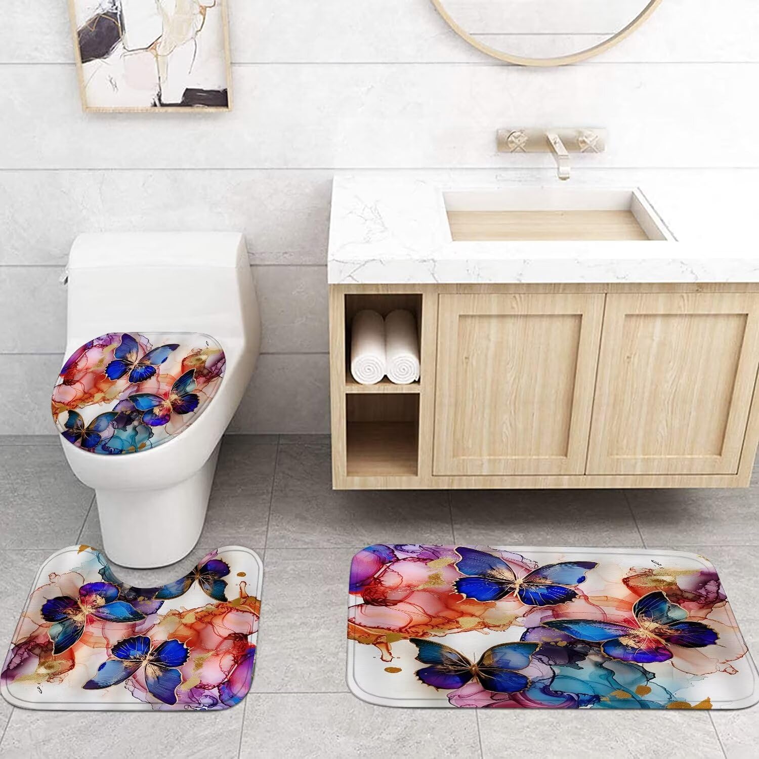 Pretyw 4 Pcs Romantic Blue Butterfly Shower Curtain Set Watercolor Pink Flowers Bathroom Sets Modern Home Bathroom Decor With Ru