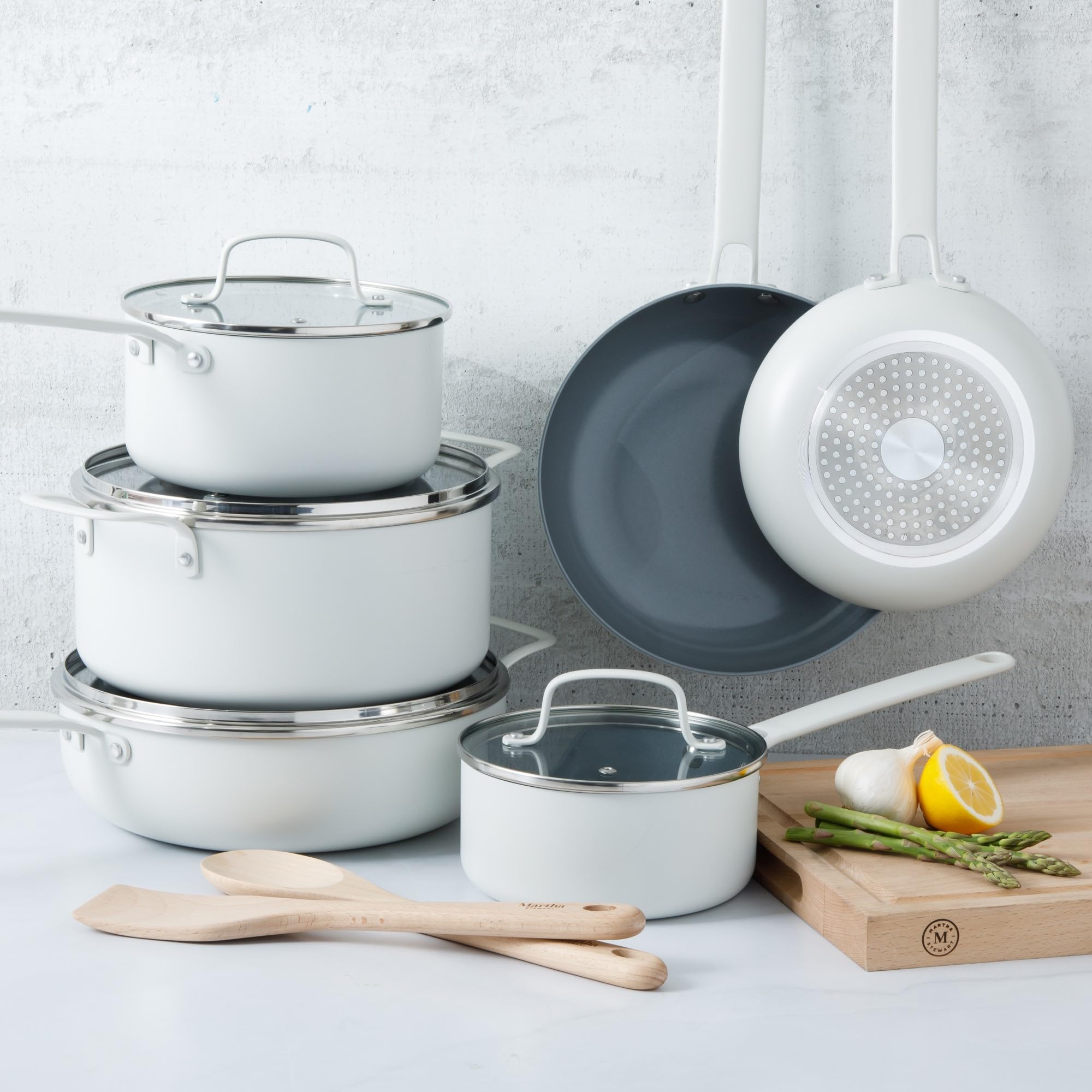 Martha Stewart Emmeline Premium Nonstick PFA Free Ceramic Interior 12 Piece Heavy Gauge Enamel Aluminum Pots and Pans Cookware S