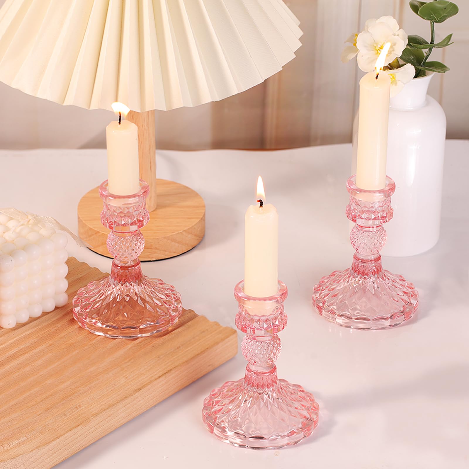 12Pcs Pink Candlestick Holders Set- 4 H Taper Candle Holders Bulk, Glass Candle Holders for Wedding, Party, Romantic Dinner Tabl